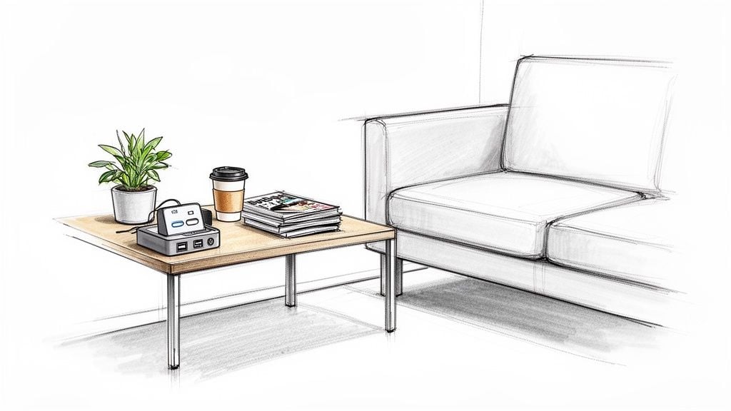 A detailed pencil sketch illustrates an end table beside a sofa, holding a plant, coffee, magazines, and a multi-port device.