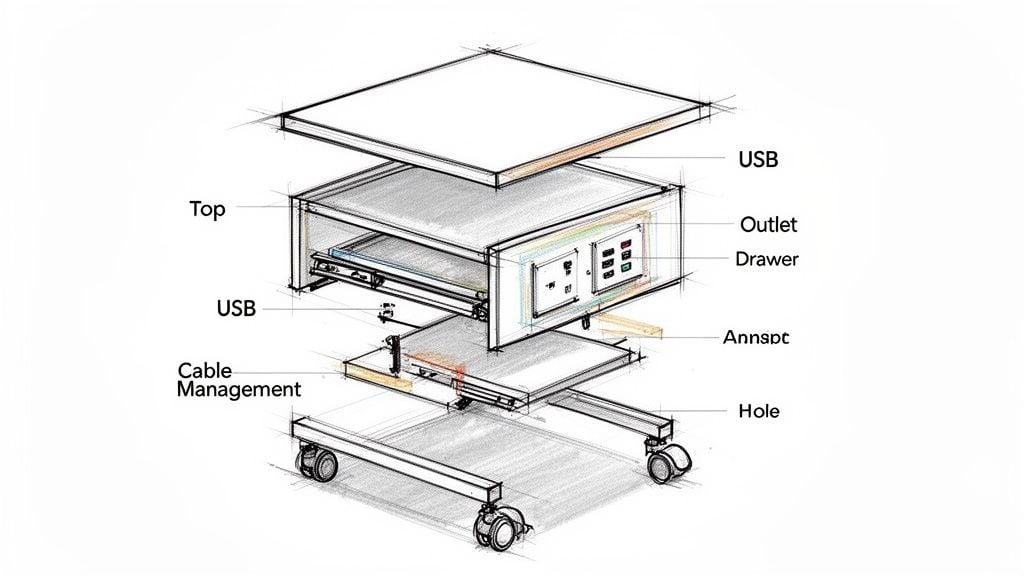 Exploded view technical drawing of a mobile office end table showing USB, outlet, drawer, and cable management.