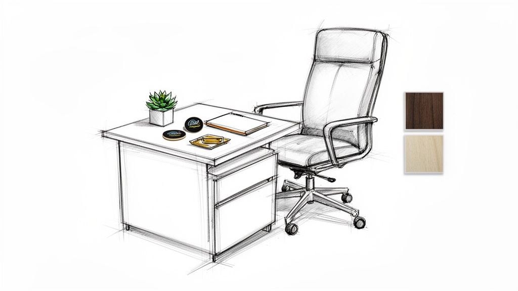 A detailed sketch illustrating an office desk with a chair, plant, accessories, and wood samples.