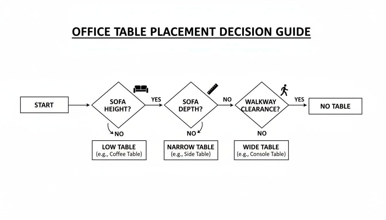 Flowchart guiding office table placement decisions based on sofa height, depth, and walkway clearance.