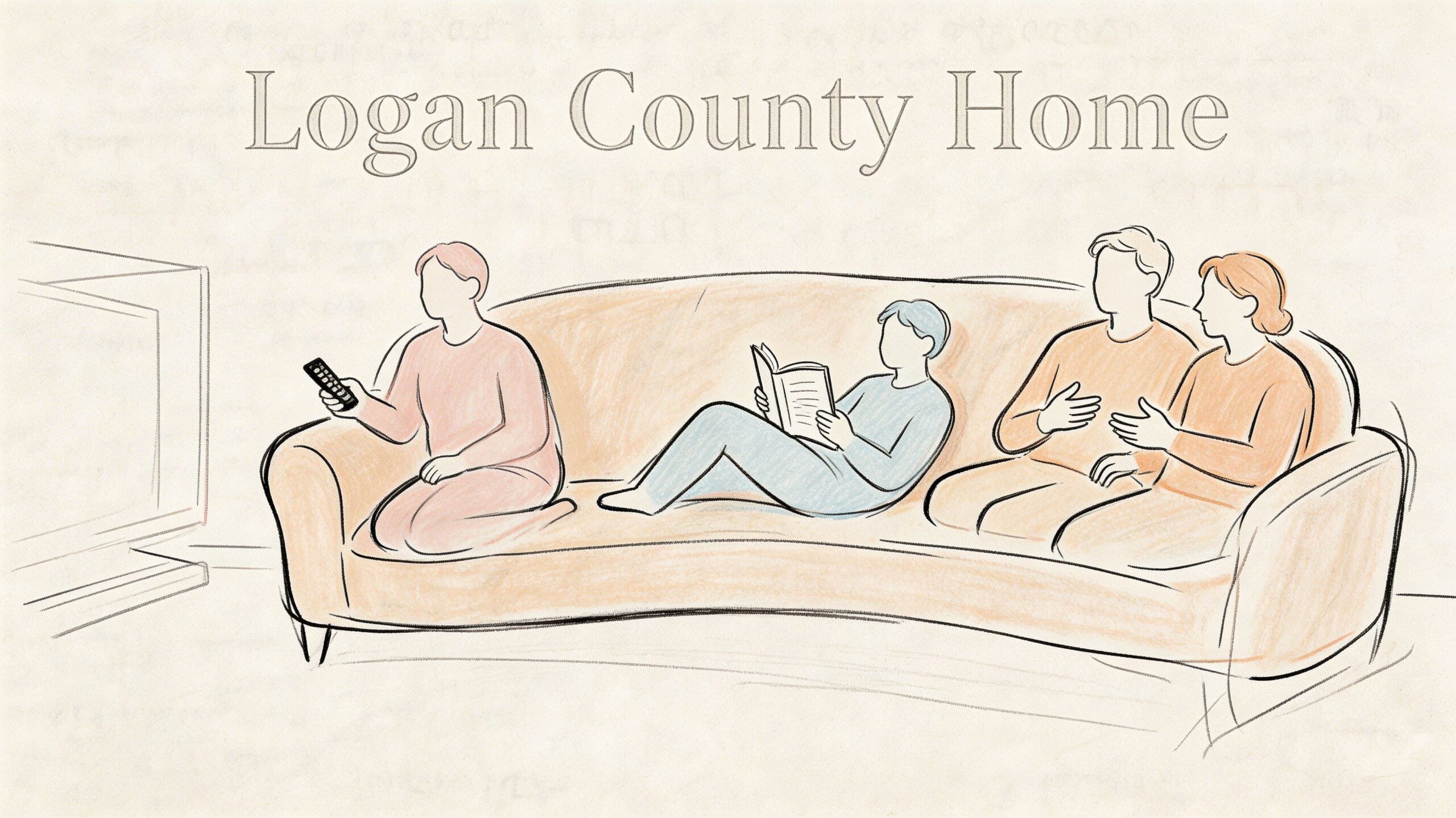 A hand-drawn illustration showing a family of four relaxing on a large curved sectional sofa.