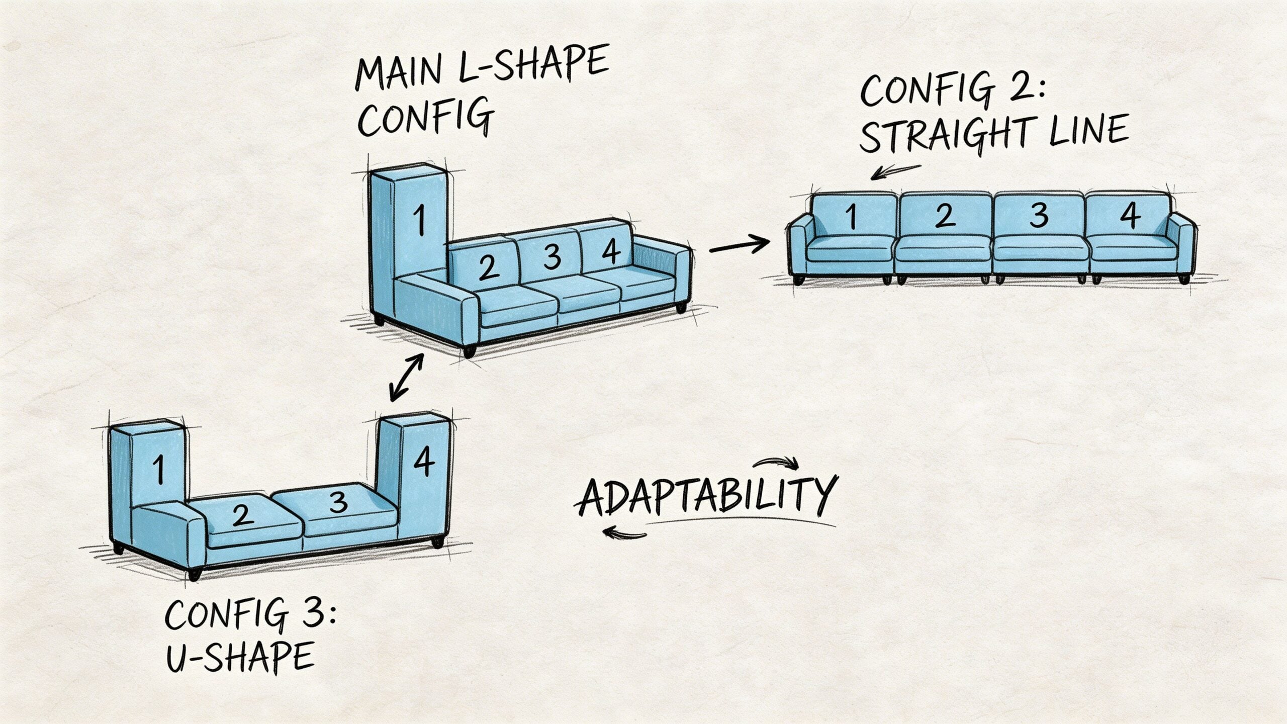 A diagram illustrating the modular adaptability of a four-piece sectional sofa into three different functional configurations.