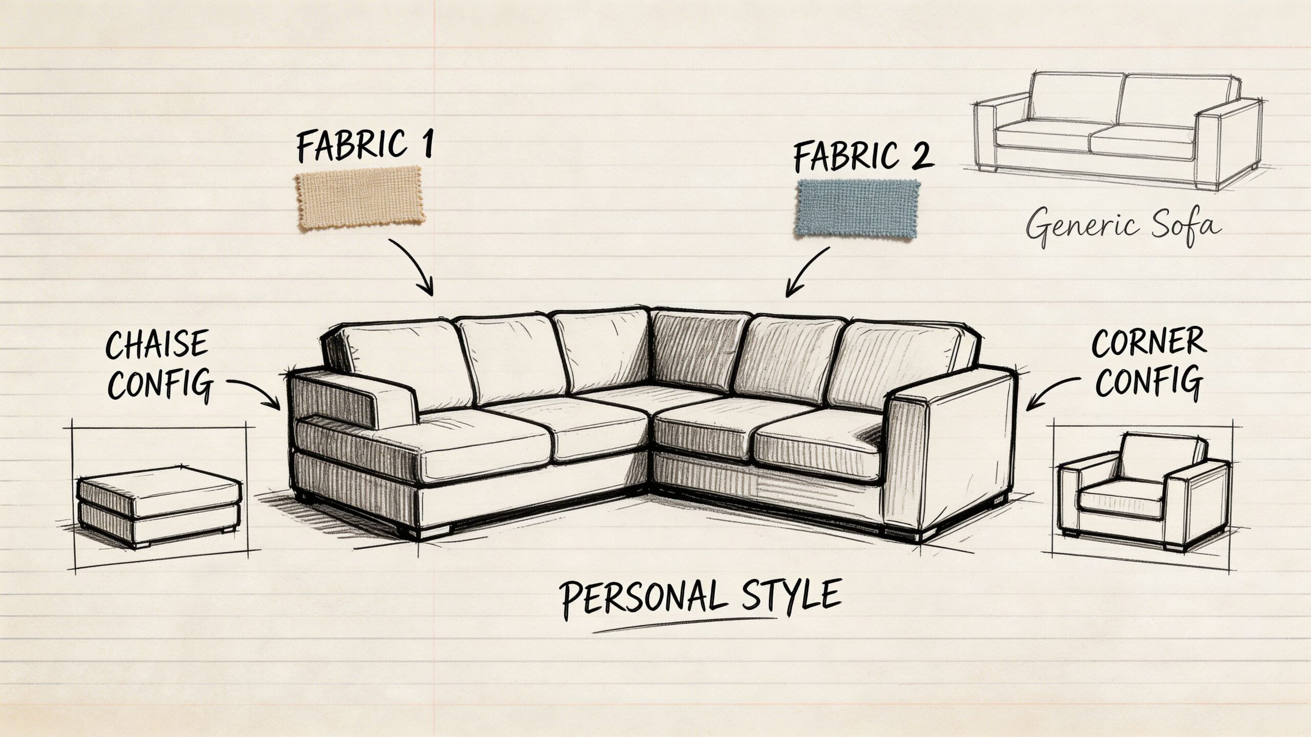 A pencil sketch of a sectional sofa with fabric swatches and modular configuration options on lined paper.