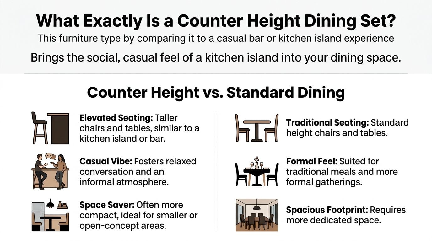 A comparison chart explaining the differences between counter height and standard dining furniture sets.