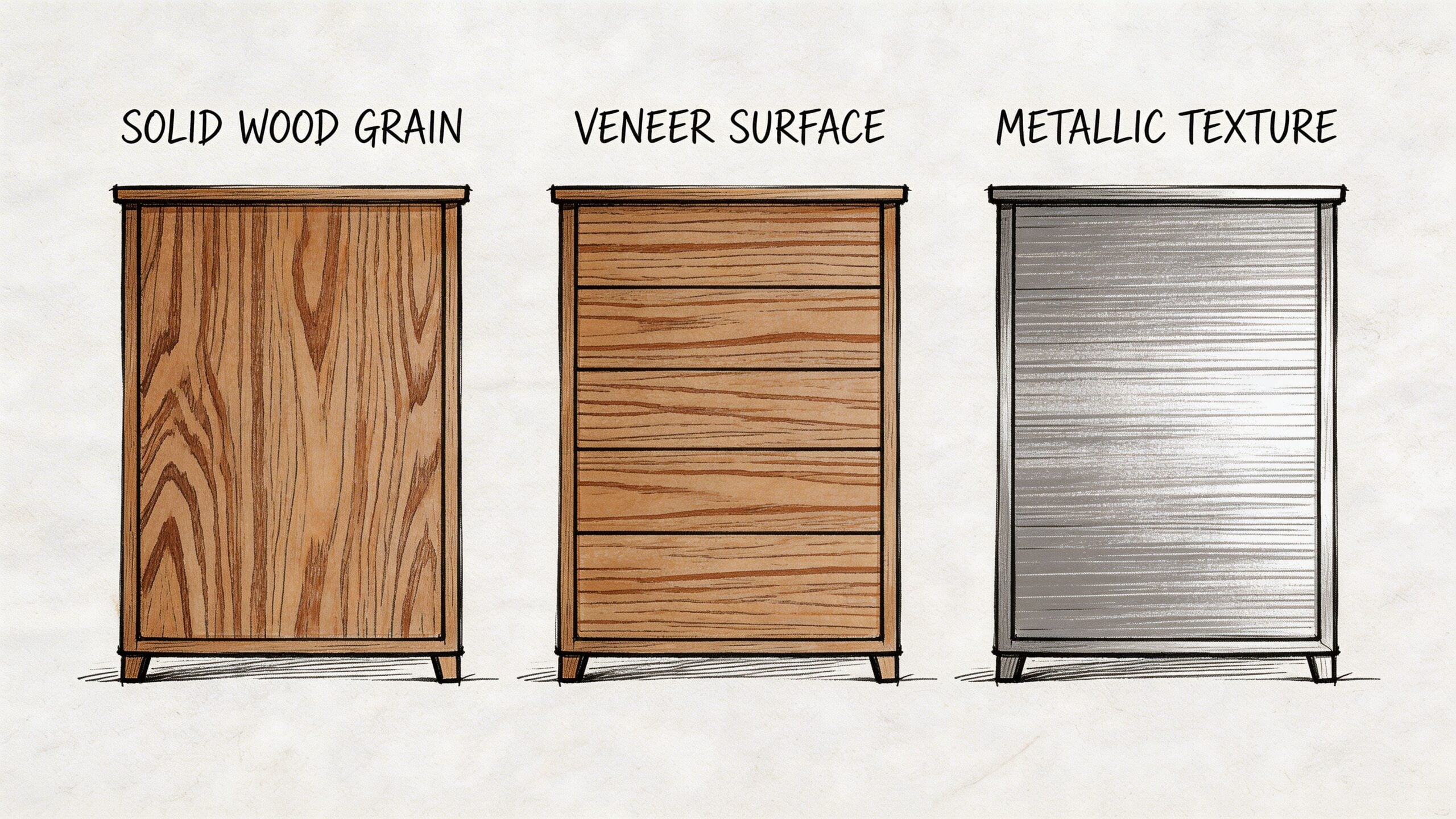 A diagram comparing textures of solid wood grain, veneer surface, and metallic texture on furniture pieces.