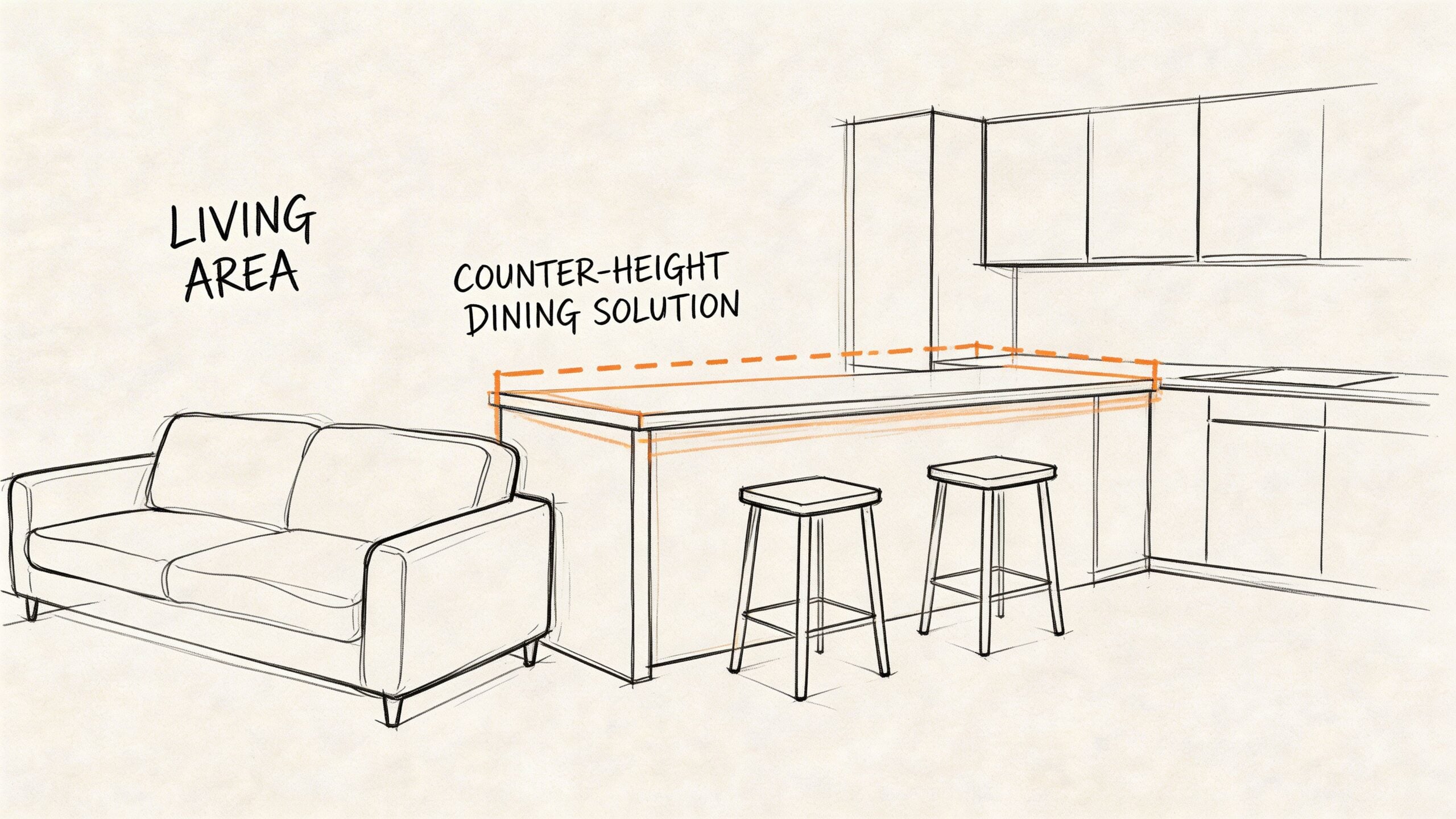 A line drawing illustration showing a sofa placed next to a kitchen island counter-height dining solution.