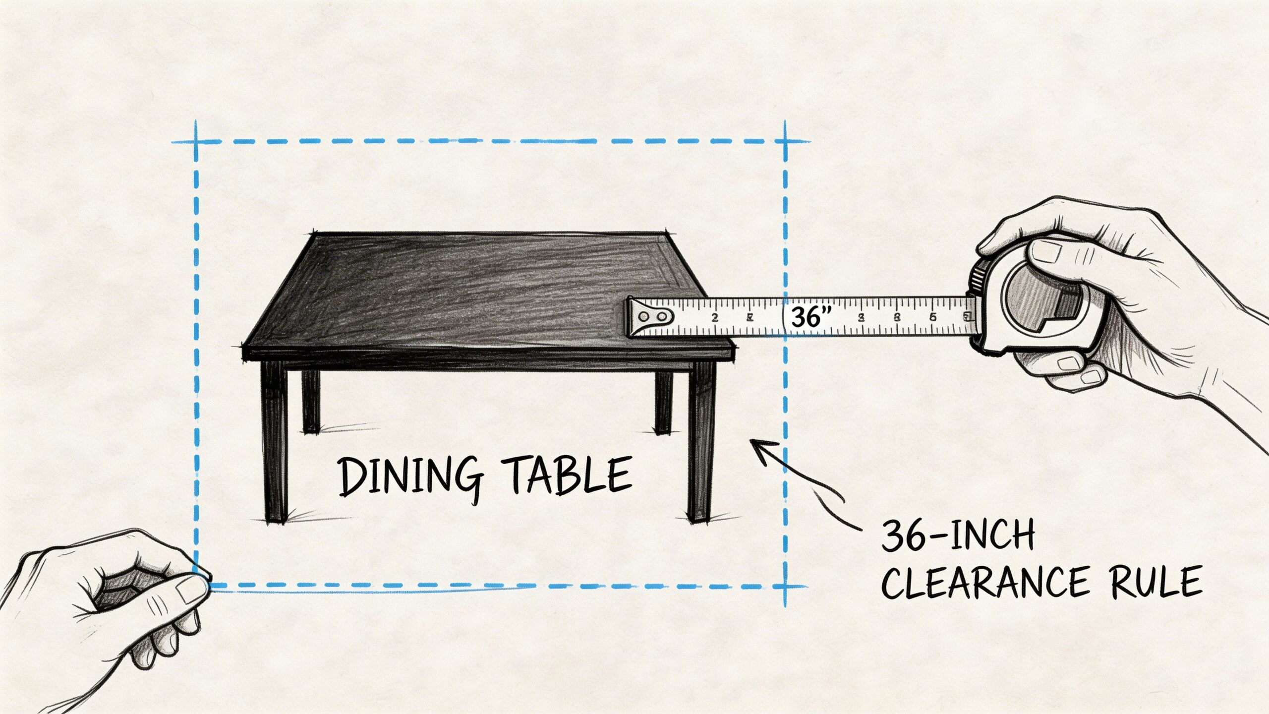A hand holding a measuring tape showing a 36-inch clearance rule around a dining room table.