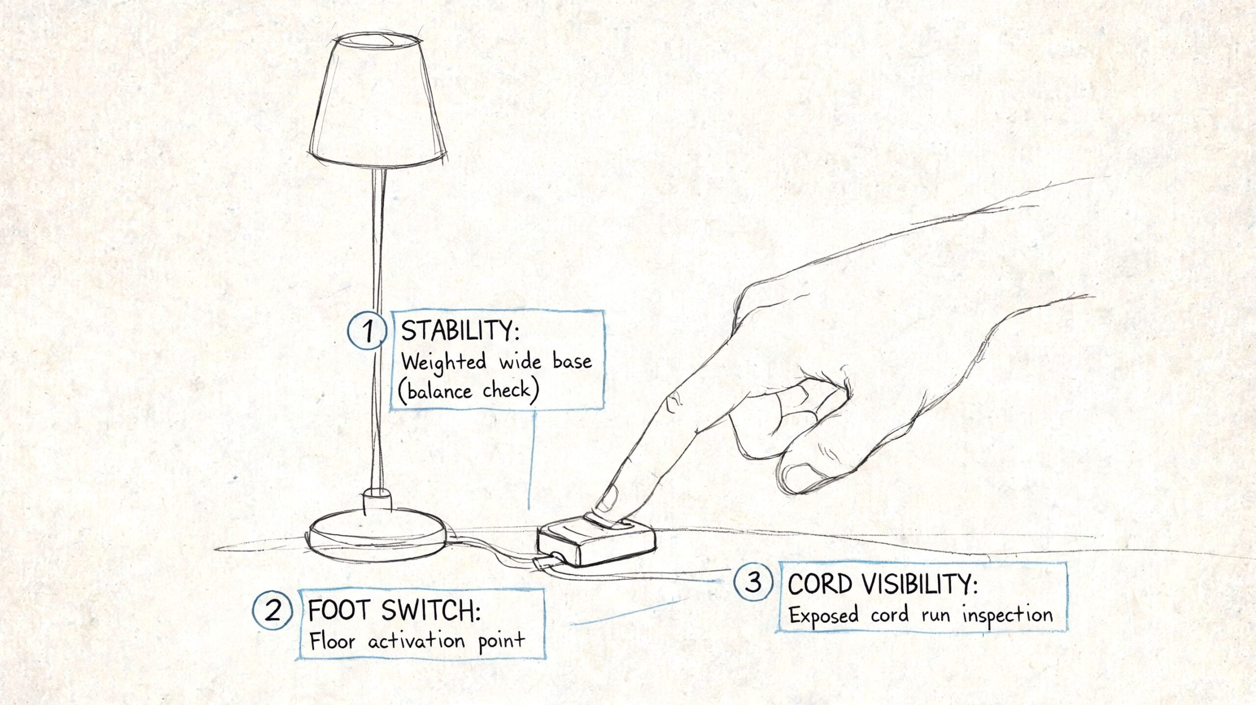 A pencil sketch illustrating safety tips for using a floor lamp, highlighting base stability and cord visibility.