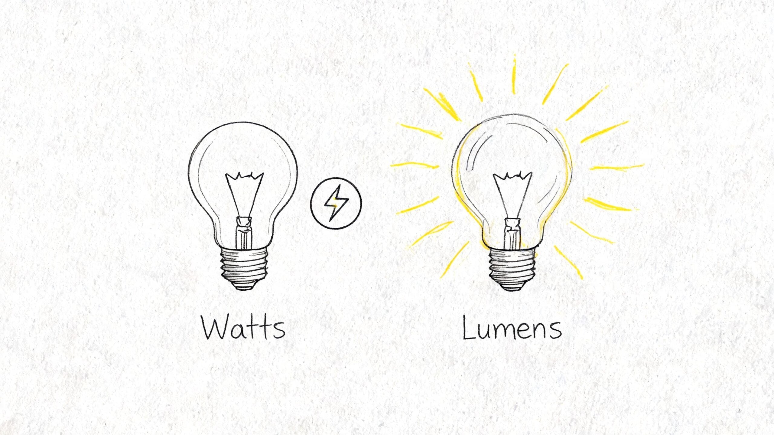 A hand-drawn illustration comparing light bulb energy consumption in watts versus brightness measured in lumens.