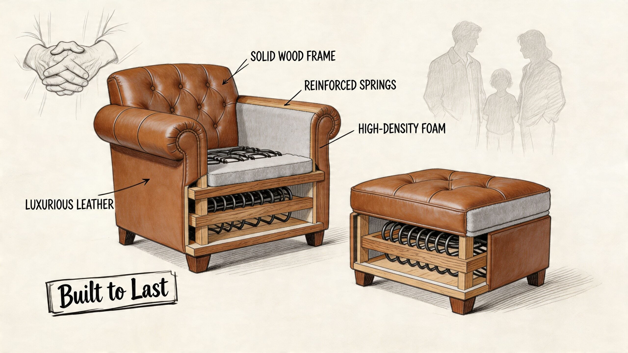A detailed cross-section illustration showing the interior construction of a leather armchair and matching ottoman.
