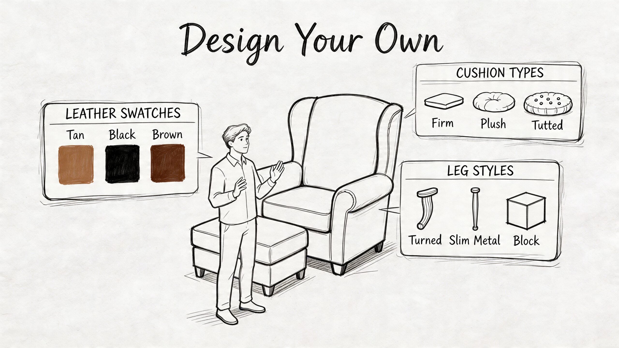 A custom furniture design sketch featuring a chair and ottoman with leather swatches and leg options.