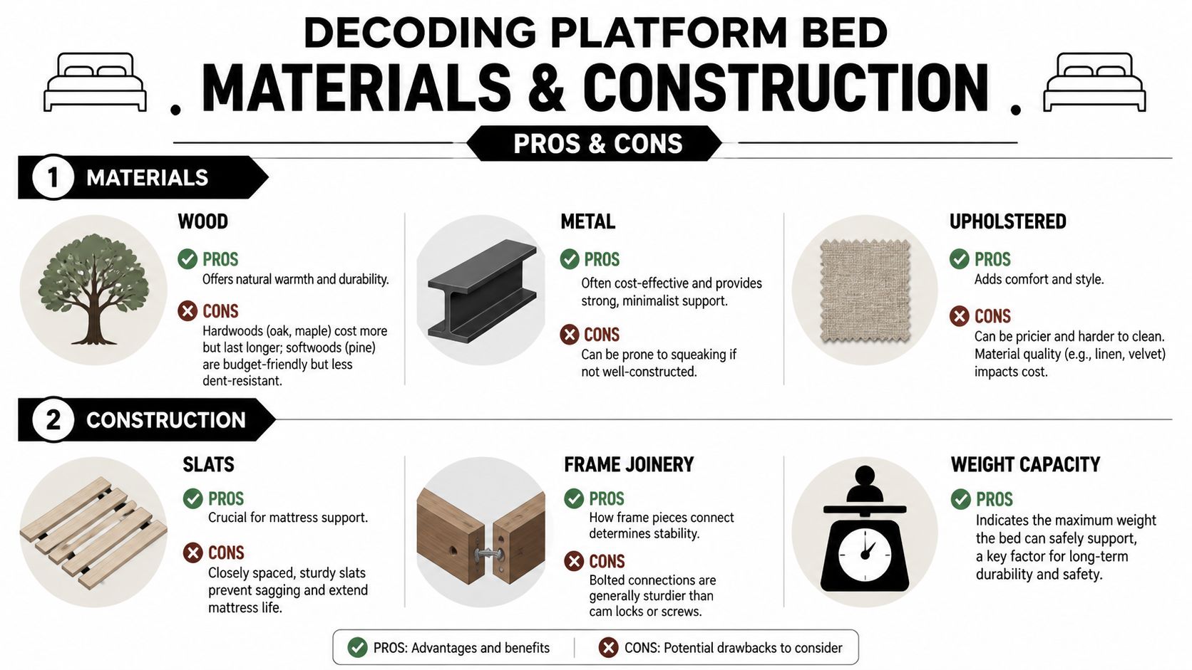 An infographic titled Decoding Platform Bed Materials and Construction, detailing pros and cons of bed materials and designs.