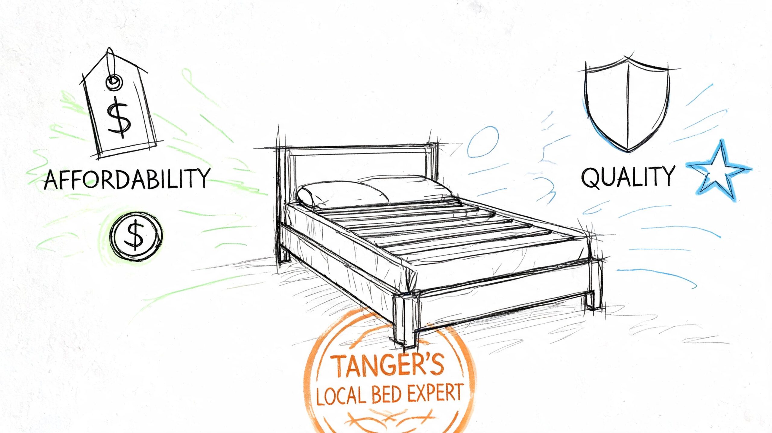 A sketched illustration of a platform bed highlighting affordability and quality from a local bed expert.