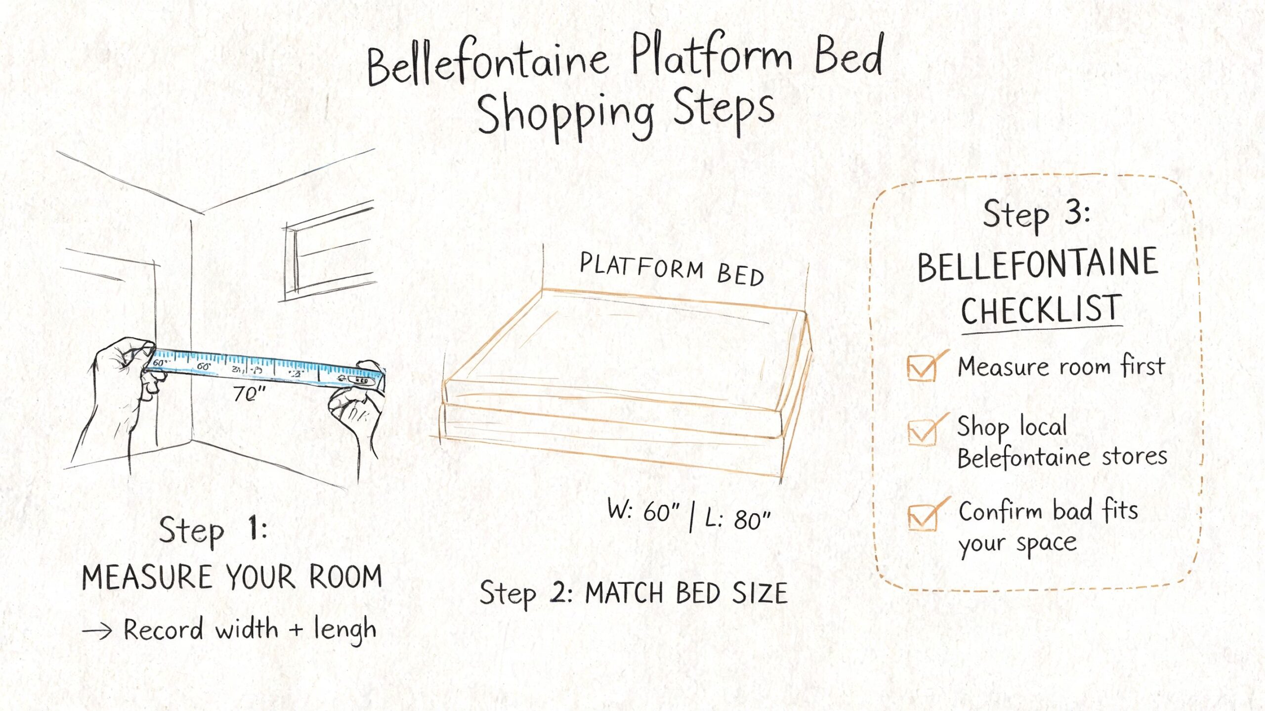 A diagram illustrating three shopping steps to measure and select the right Bellefontaine platform bed size.