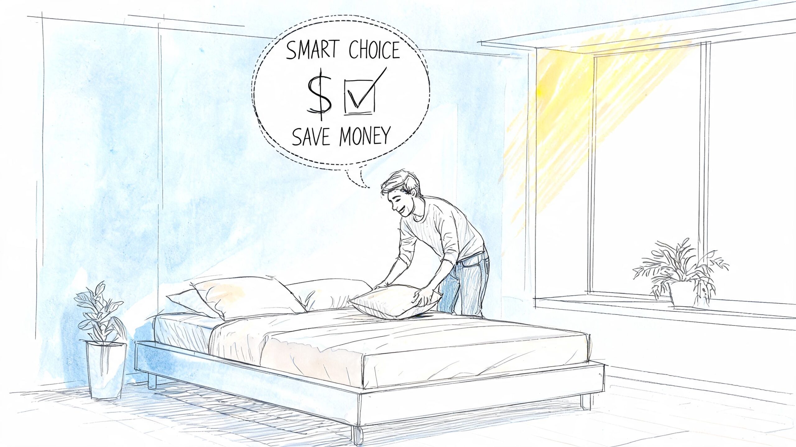 A man making his bed in a bright bedroom, illustrating the smart choice to save money.