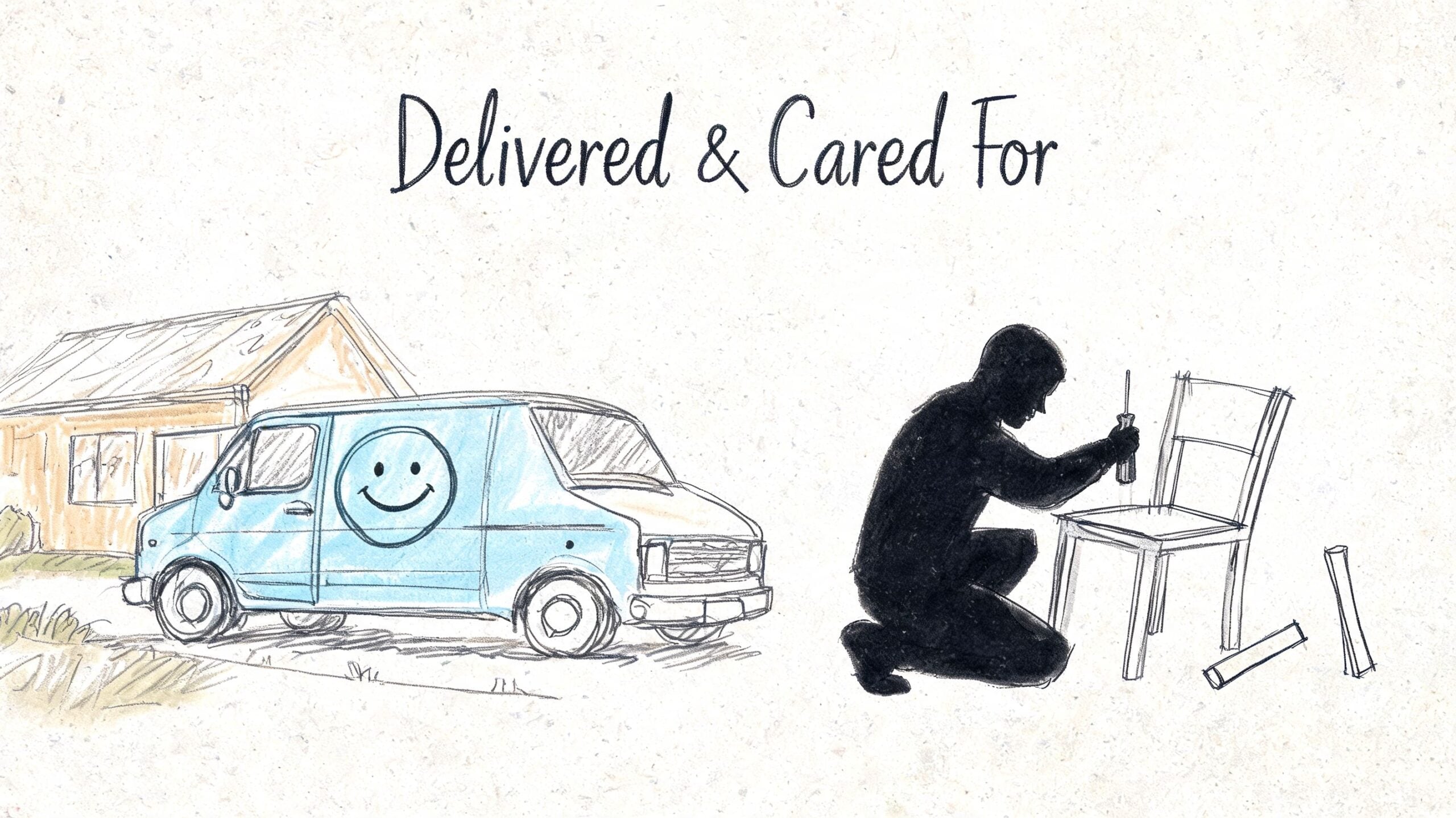 A delivery van parked near a house with a person assembling a wooden chair indoors.