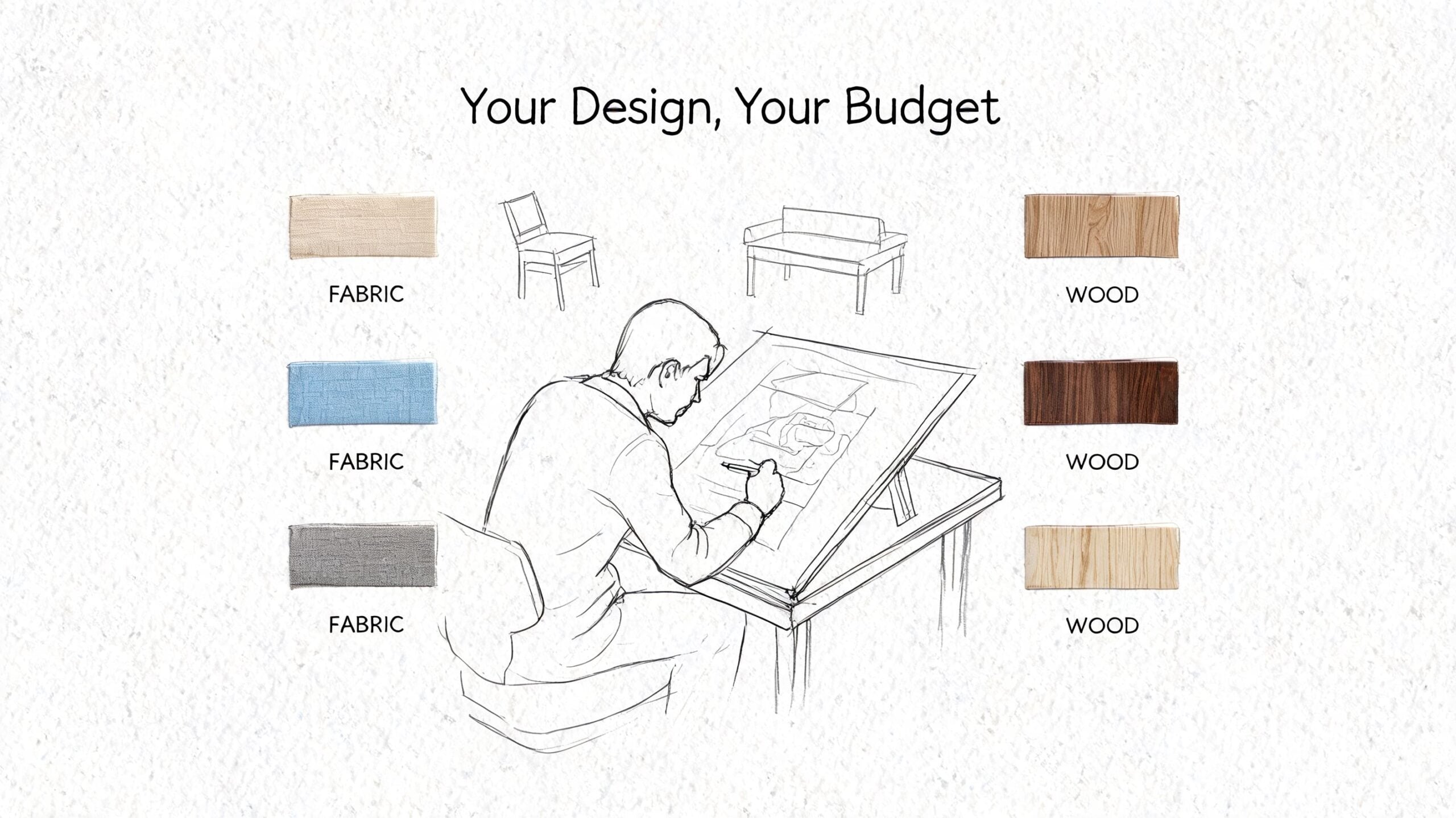 A designer sketching furniture designs with various fabric and wood texture material samples displayed on the sides.