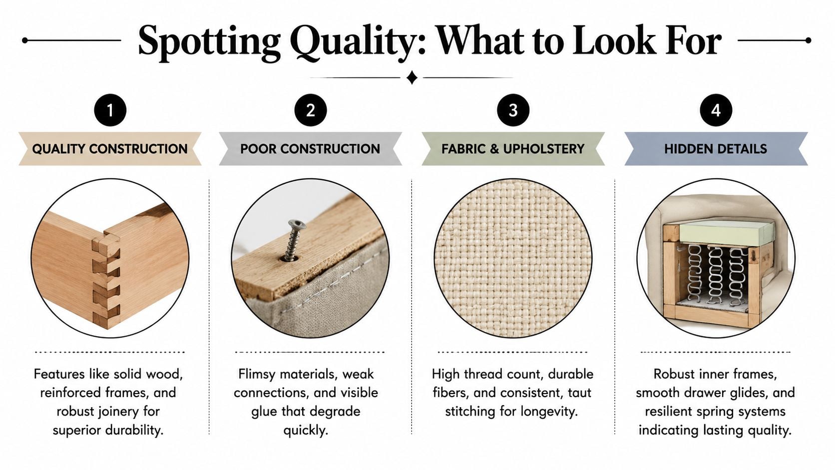 An infographic showing four key factors to consider when identifying quality furniture versus poor construction materials.
