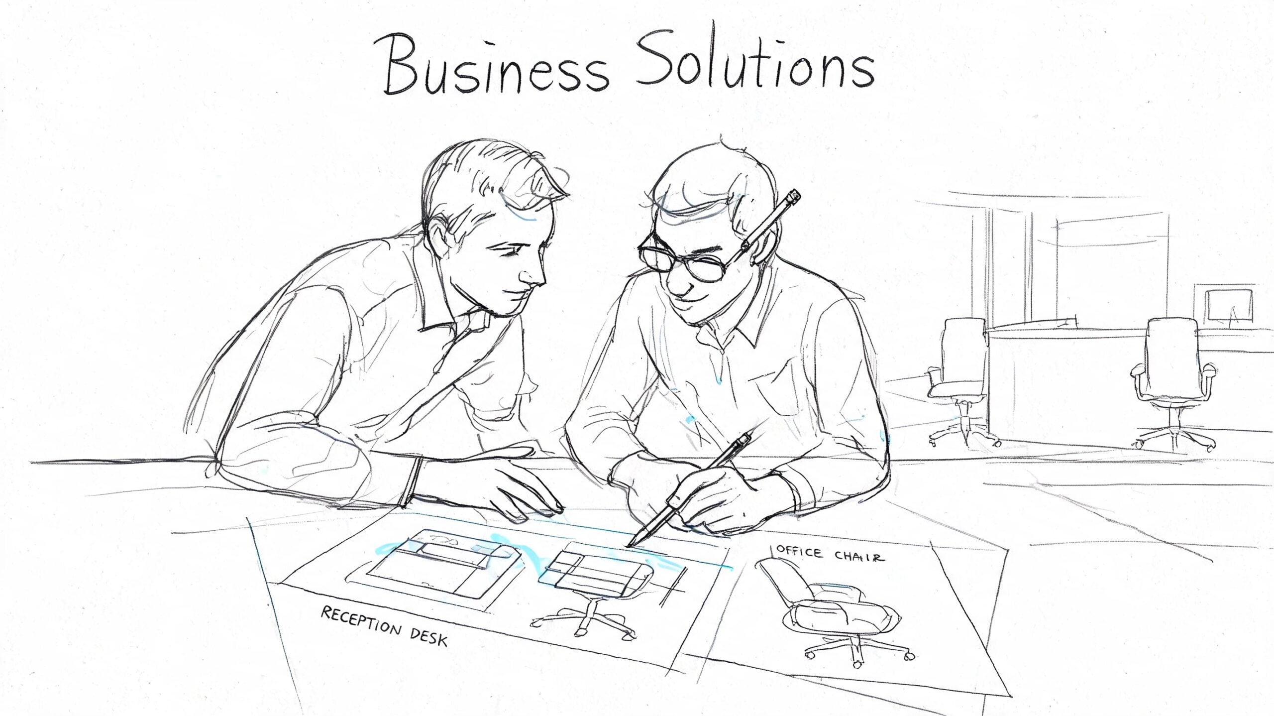 Two professional business people collaborating on office furniture design sketches at a desk in a modern workspace.
