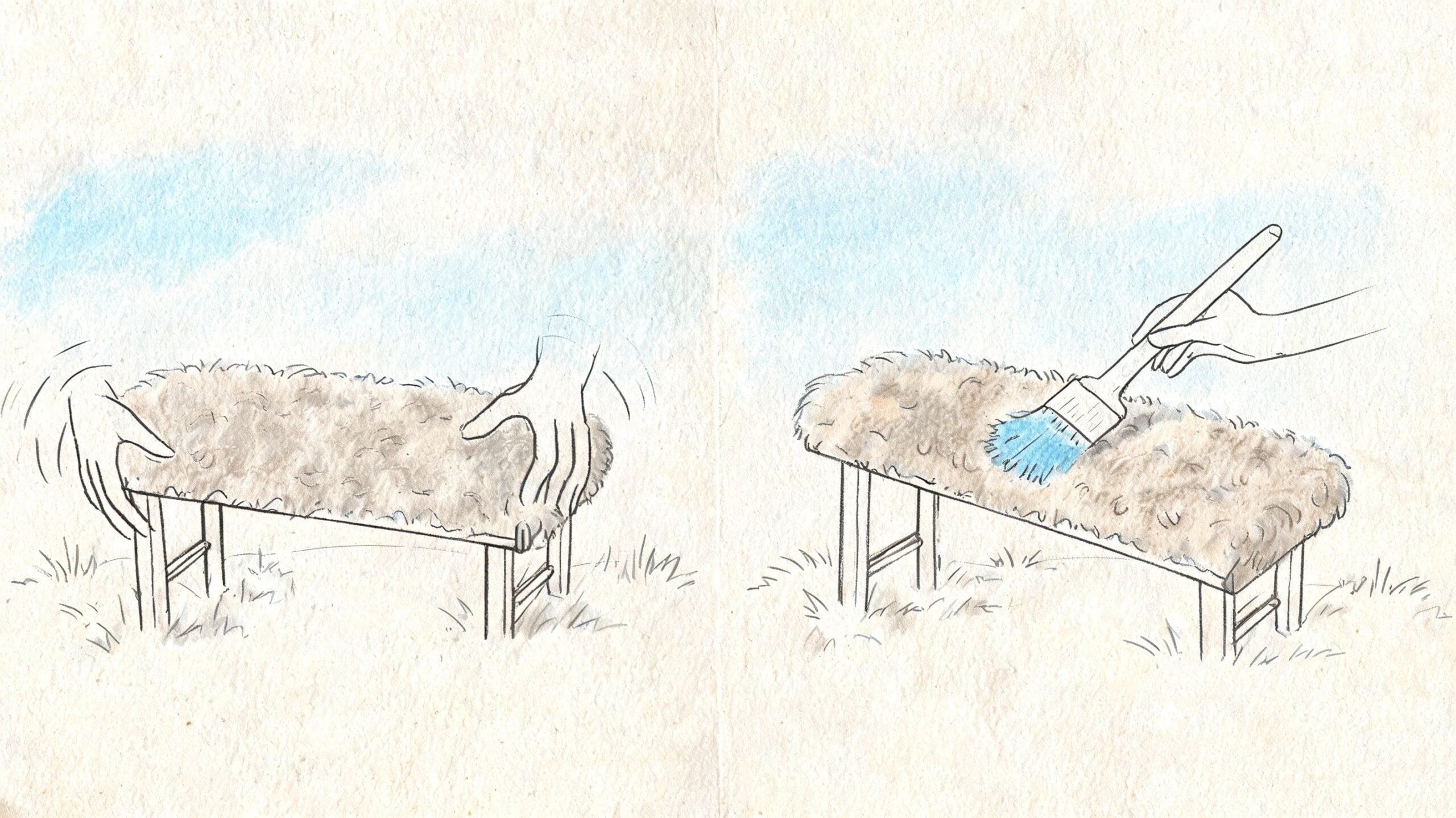 An illustration showing a hands placing a fur cover on a bench and brushing it clean.