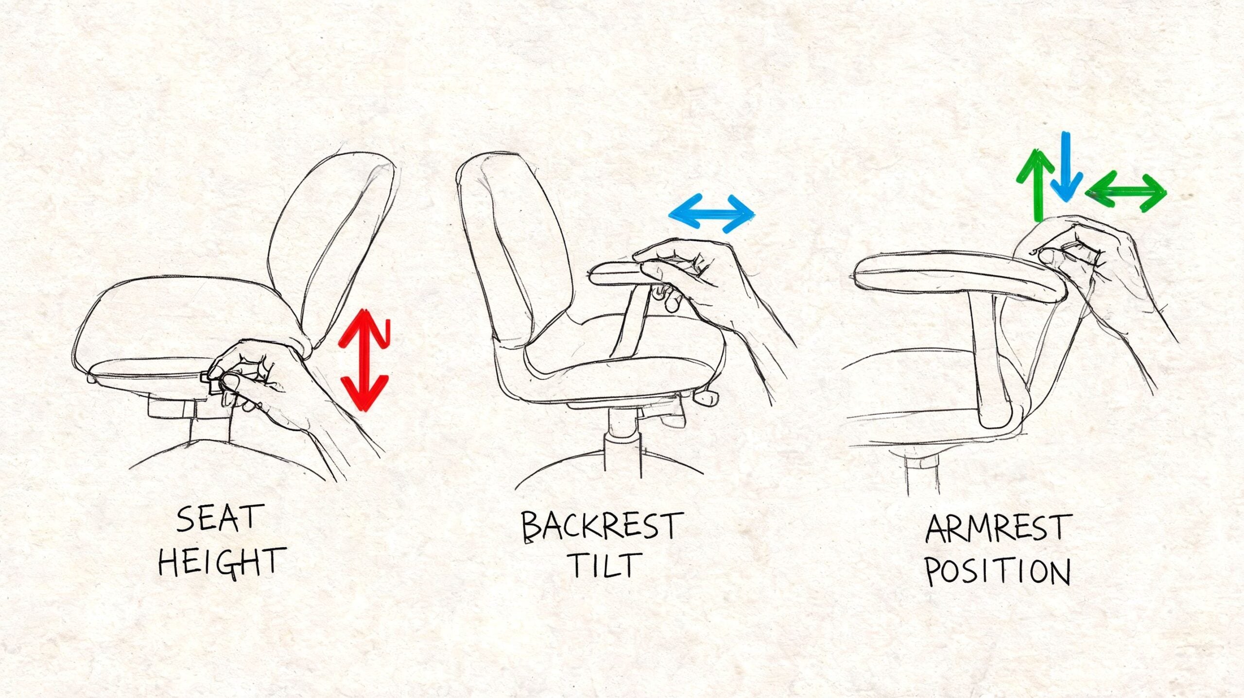 A diagram illustrating adjustment features for office chairs including seat height, backrest tilt, and armrest position.