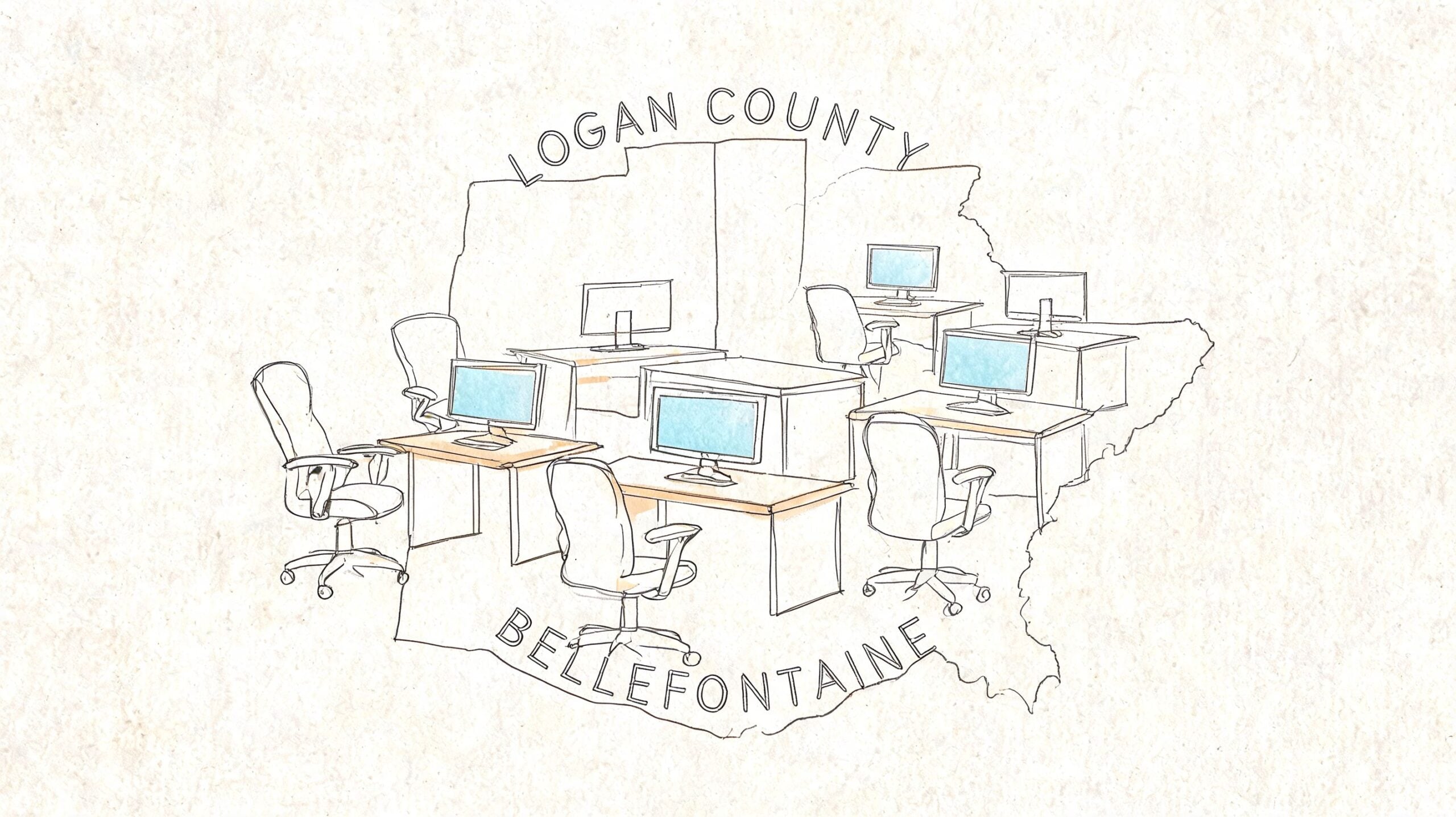 A line art sketch of a modern office workspace with computer desks and ergonomic chairs inside a county outline.