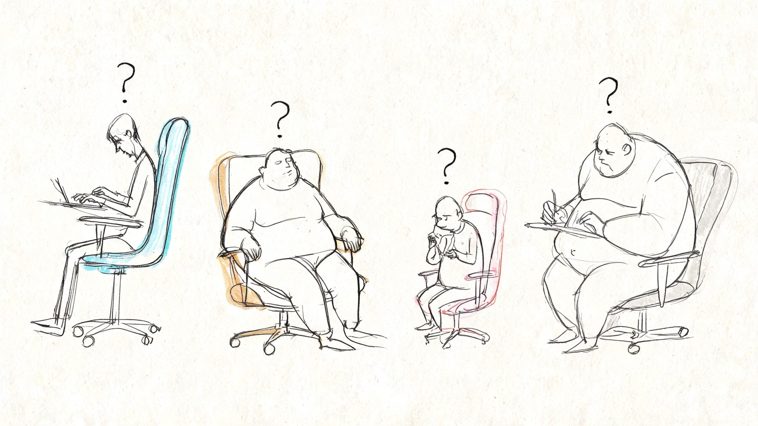 A line drawing illustration showing four diverse individuals seated on office chairs with question marks above heads.