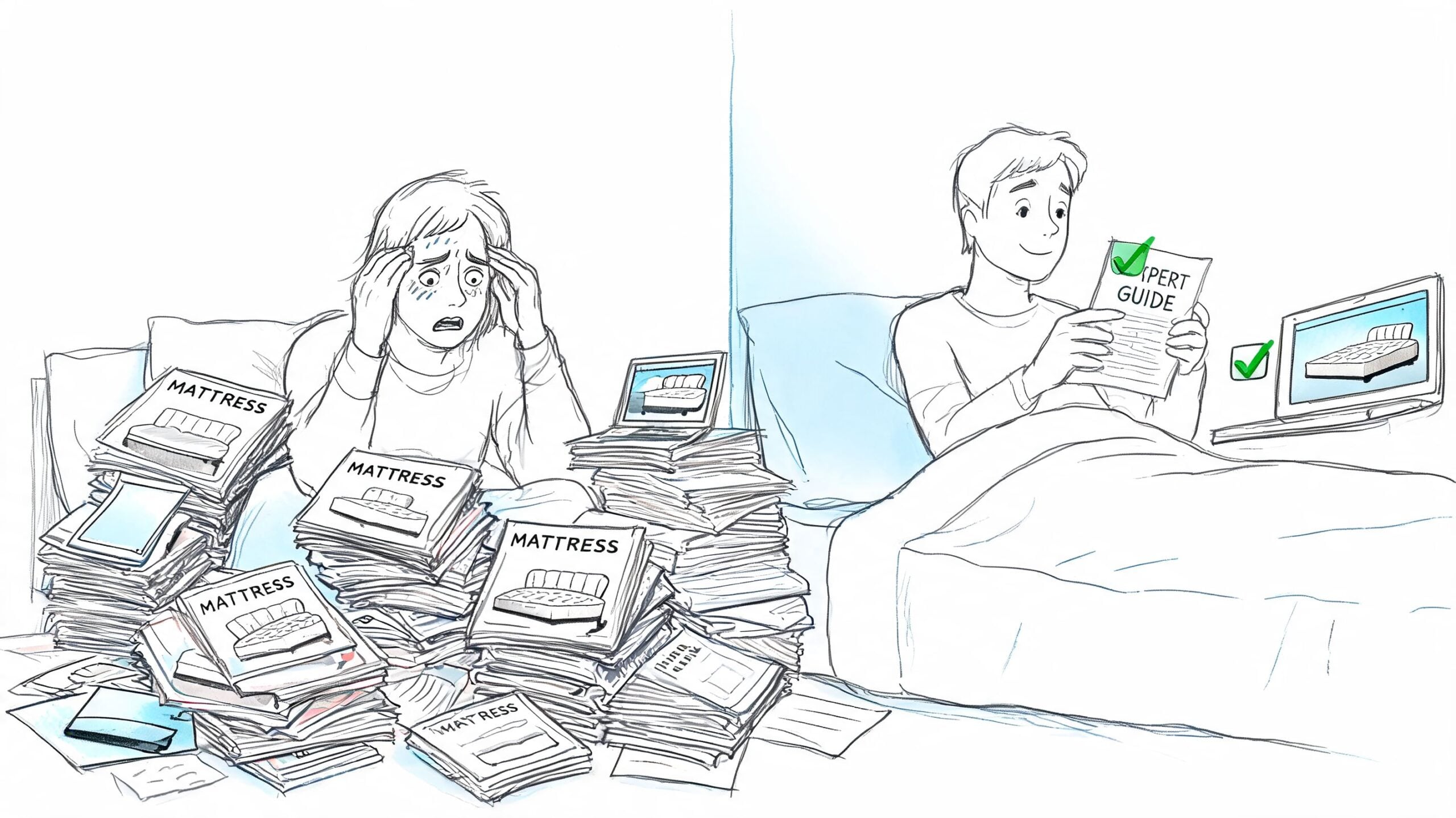 A split image contrasting an overwhelmed person researching mattresses versus a relaxed person reading a guide.