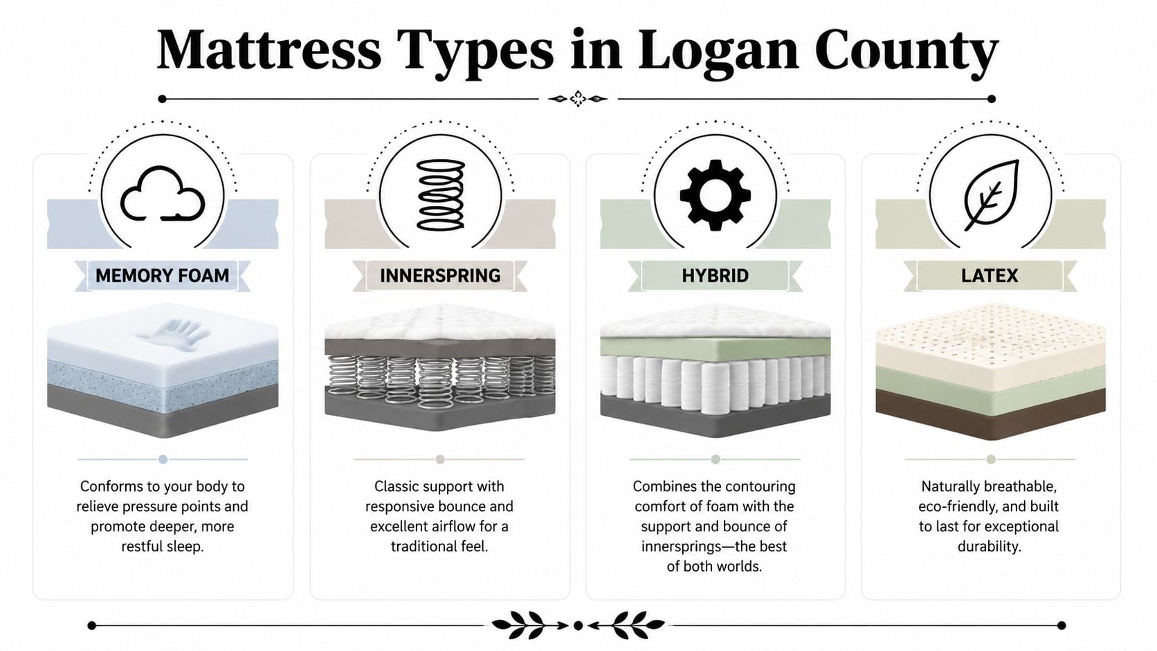 An infographic detailing four different types of mattresses including memory foam, innerspring, hybrid, and latex for better sleep.