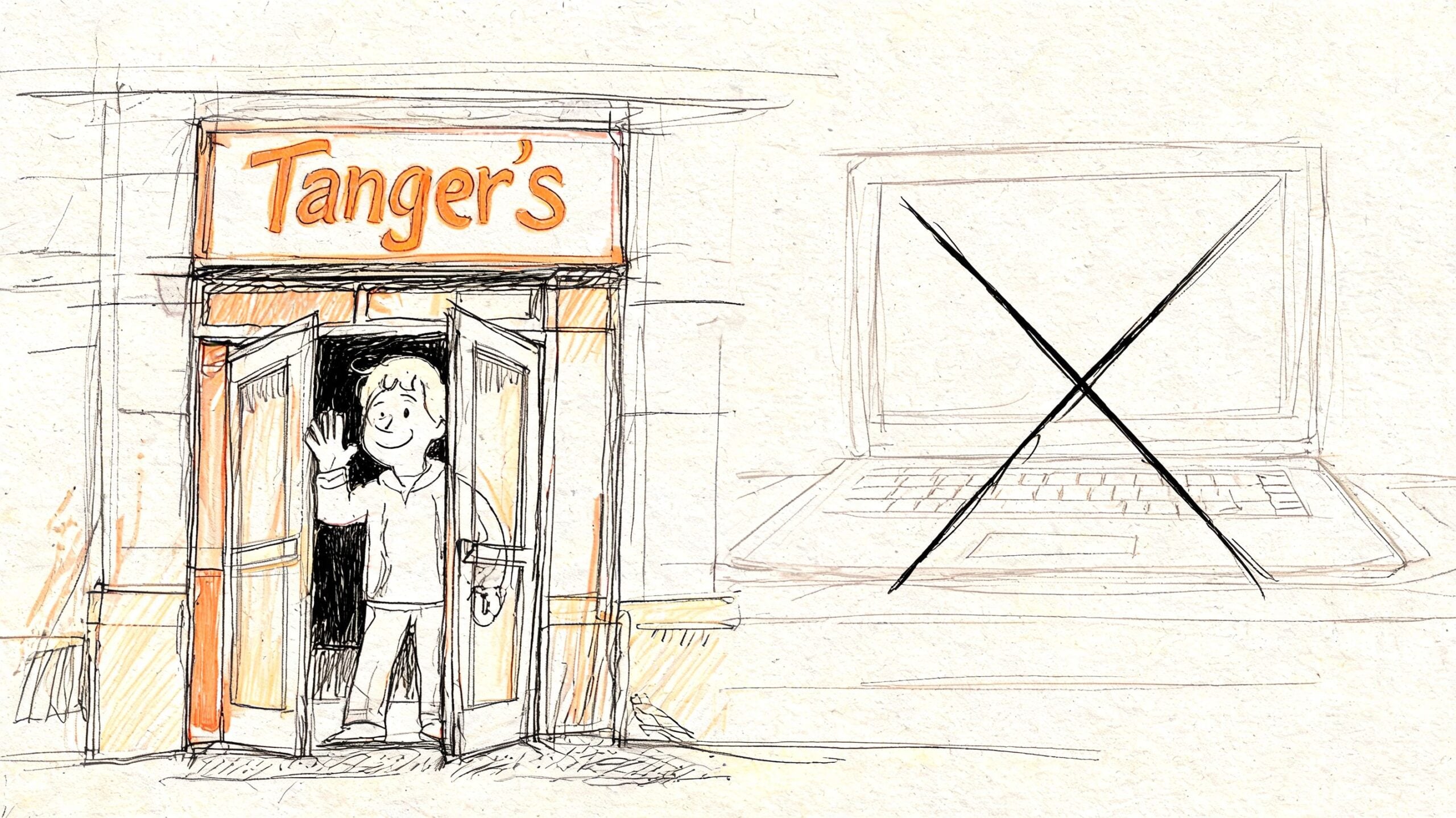 A line art drawing showing a boy waving from a storefront door while a laptop is crossed out.