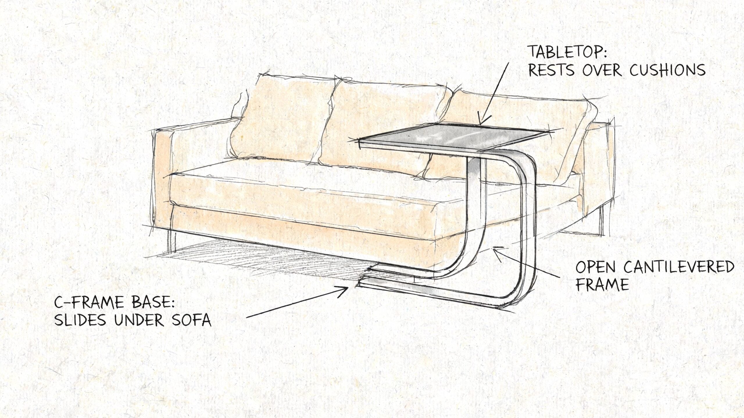 A pencil sketch of a C-shaped end table positioned over the cushions of a couch.