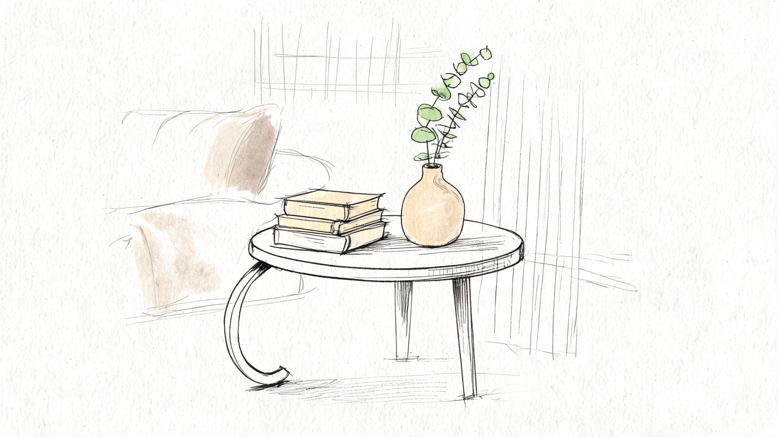 A pencil sketch of a minimalist C-shaped end table featuring a stack of books and a vase.