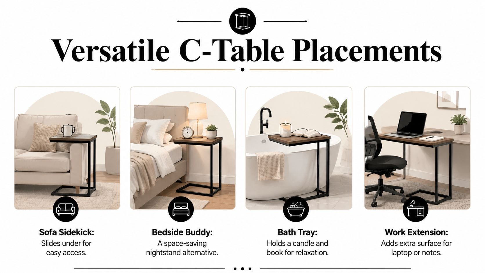 Four different scenes showing a versatile C-shaped side table used as a sofa table, nightstand, bath tray, and desk.