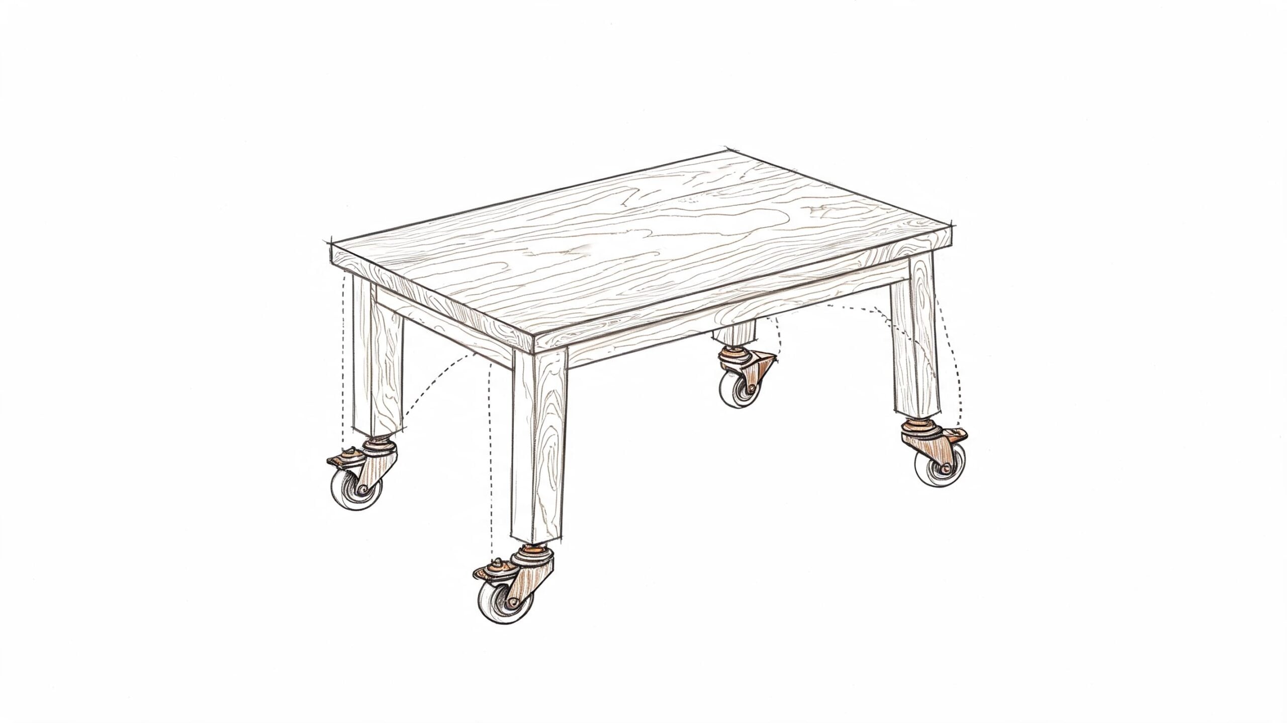 A pencil sketch of a wooden coffee table showing how caster wheels attach to its legs.
