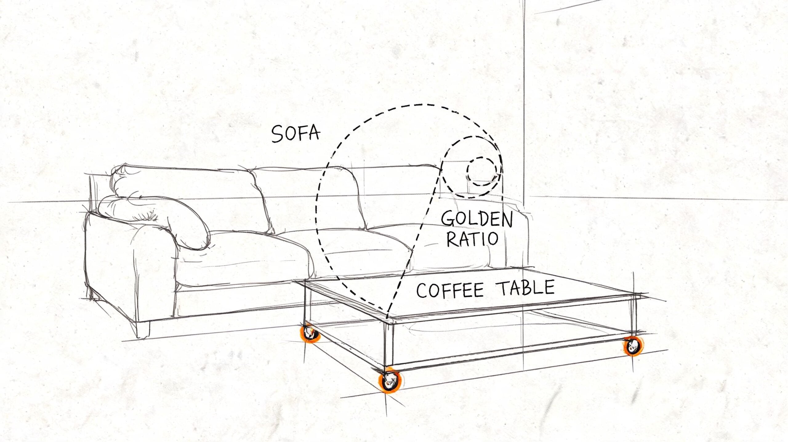 A pencil sketch of a modern sofa and coffee table with wheels, illustrating the golden ratio concept.