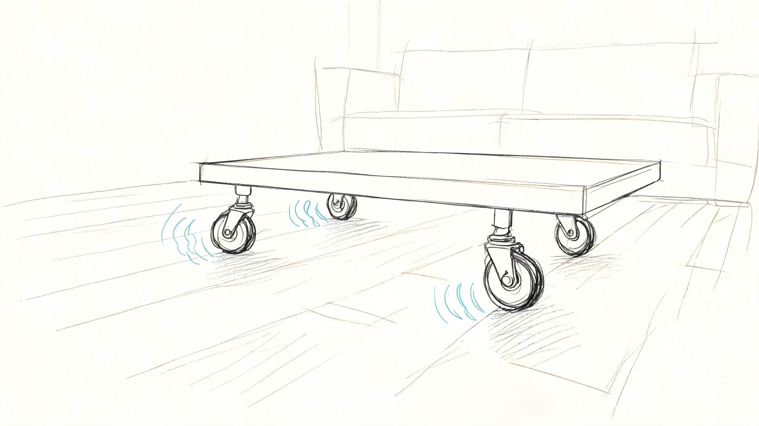 A minimalist sketch of a low coffee table featuring industrial caster wheels placed on a wooden floor.