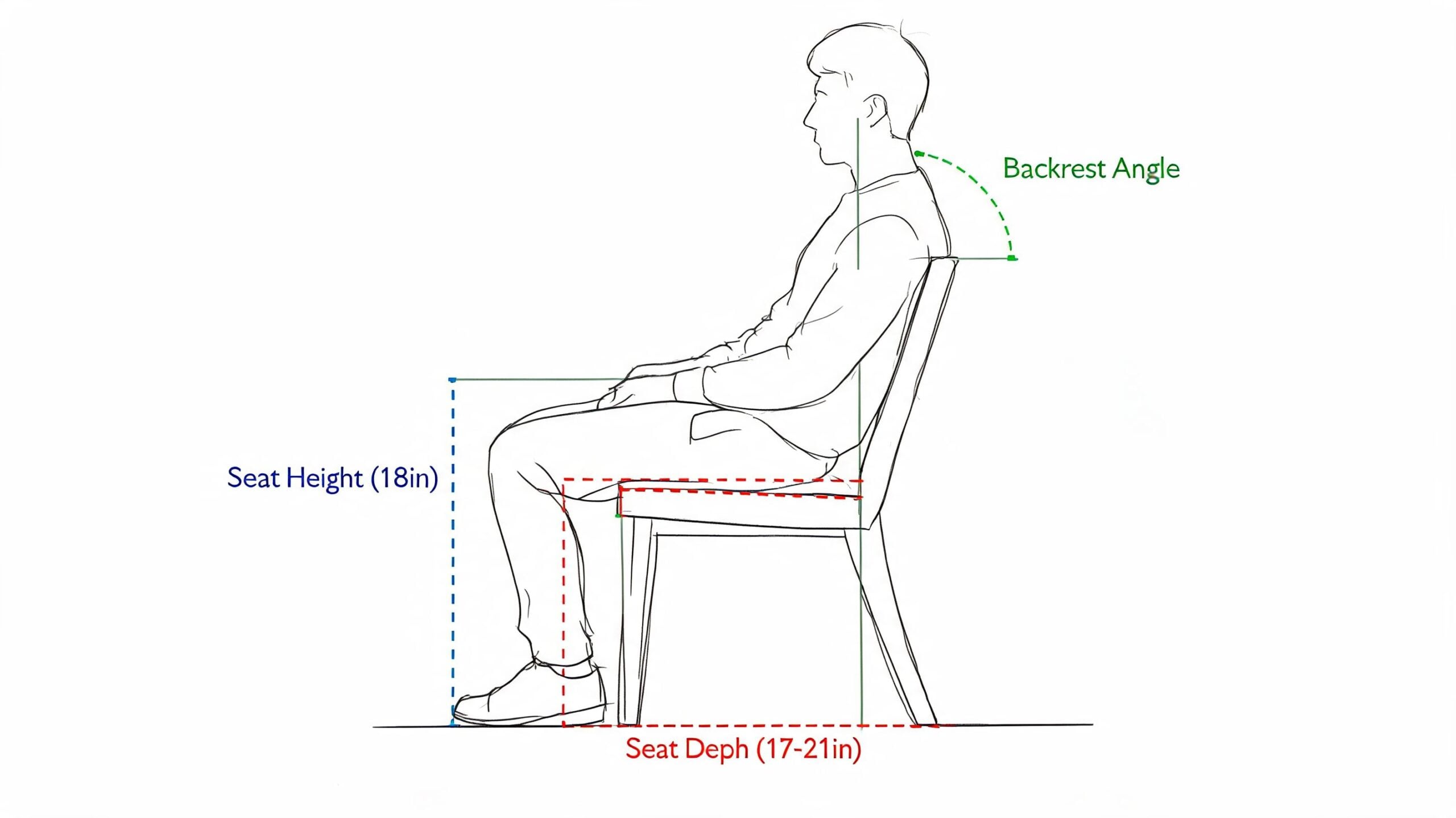 A diagram illustrating the ideal dimensions for custom dining chairs, including seat height and seat depth measurements.