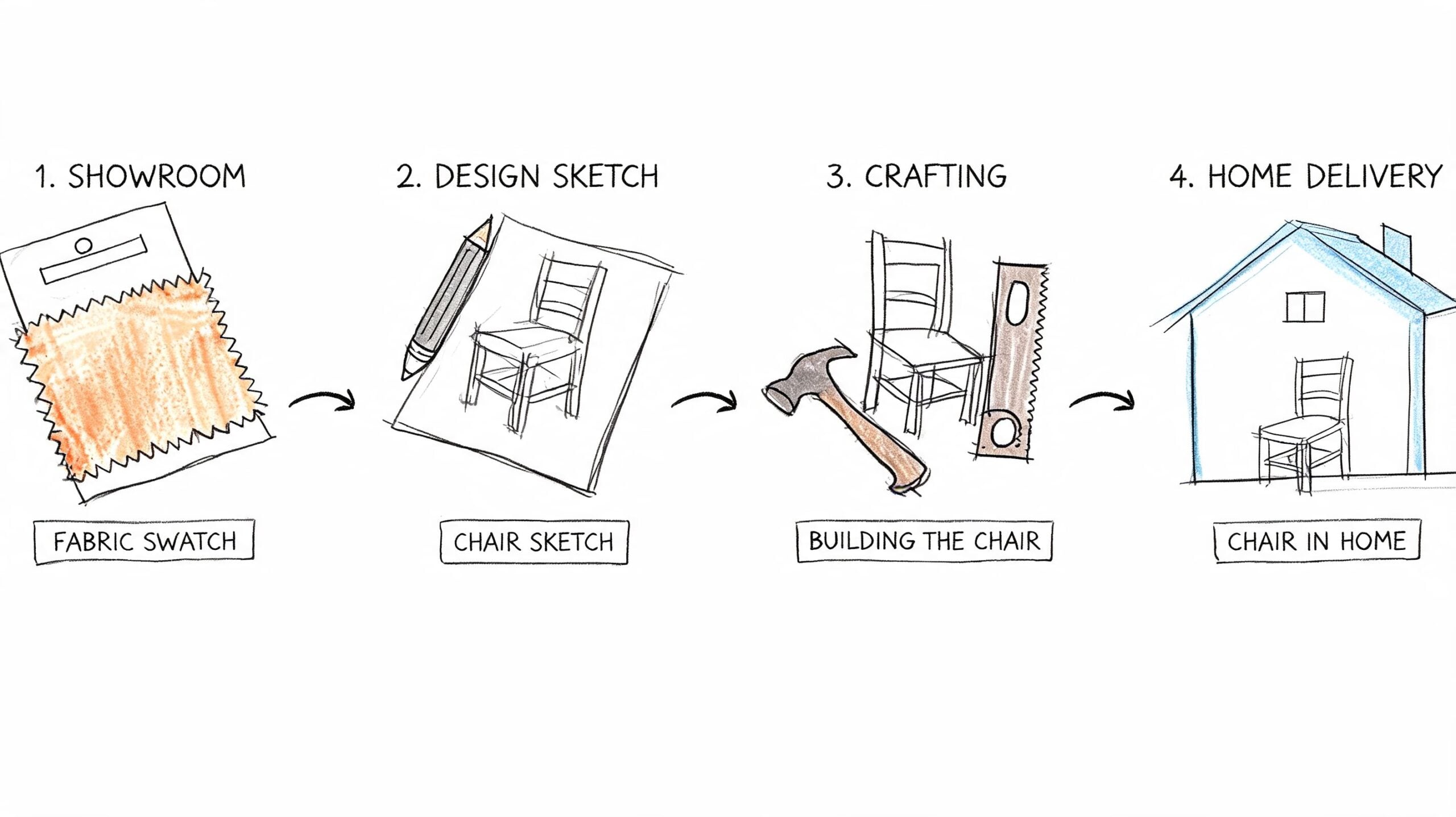 A four-step illustration showing the process from selecting a fabric swatch to receiving a custom chair.