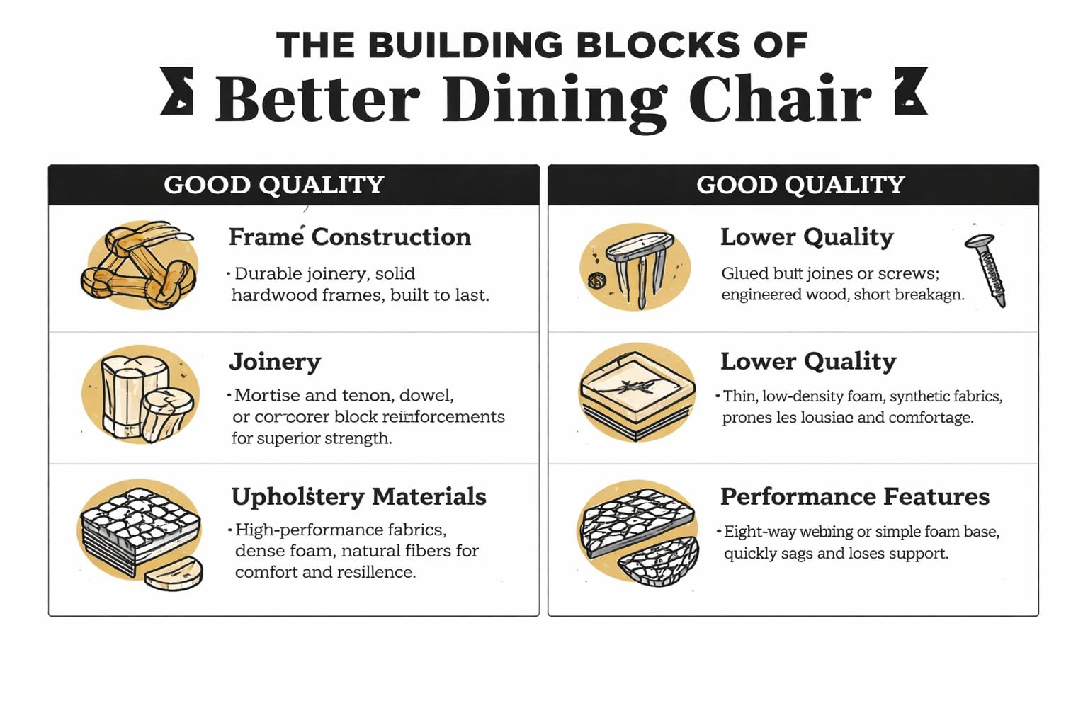 A comparison chart showing the differences between high quality and low quality dining chair construction methods.
