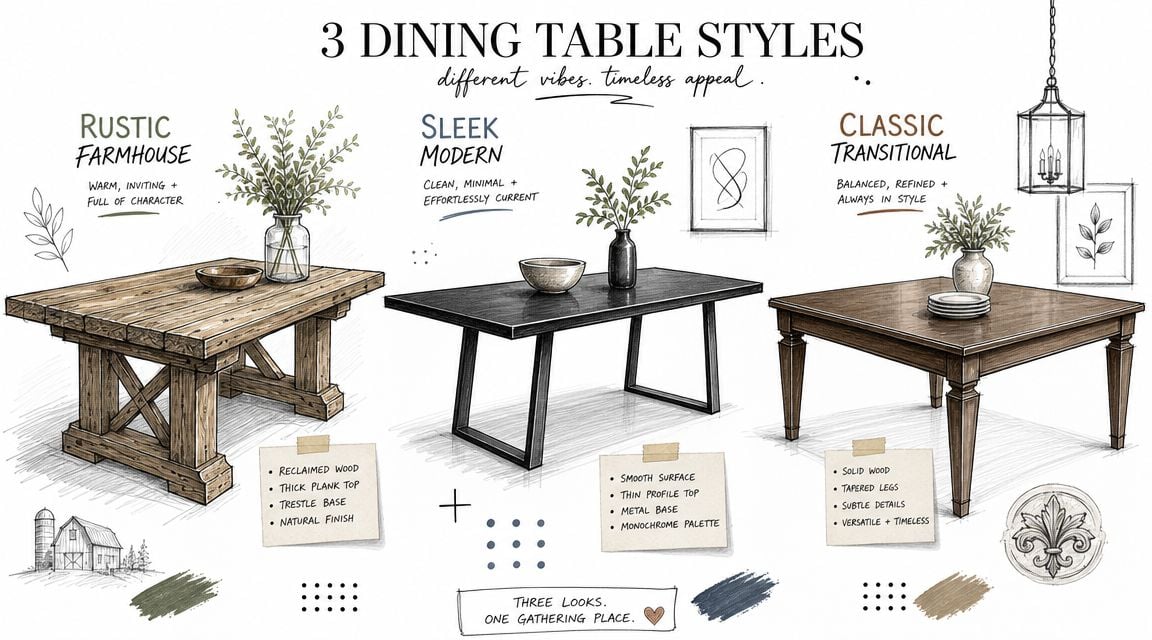 A digital illustration showing three different styles of dining tables: Rustic Farmhouse, Sleek Modern, and Classic Transitional.