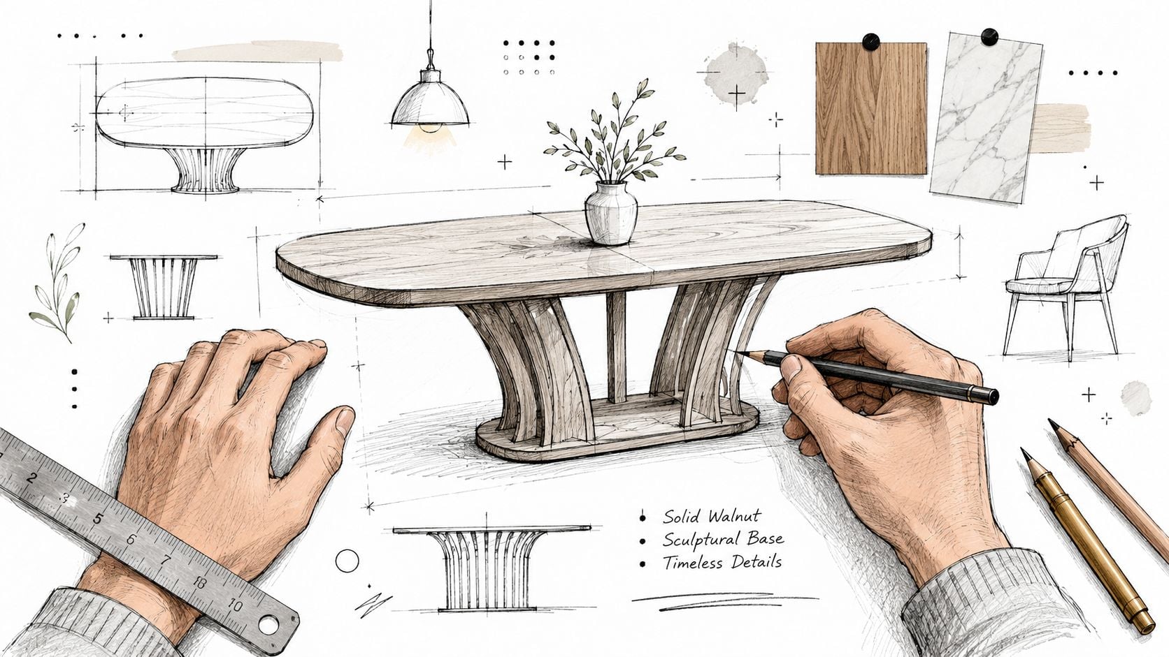 A designer drawing a concept for a modern solid walnut dining table with a sculptural wooden base.