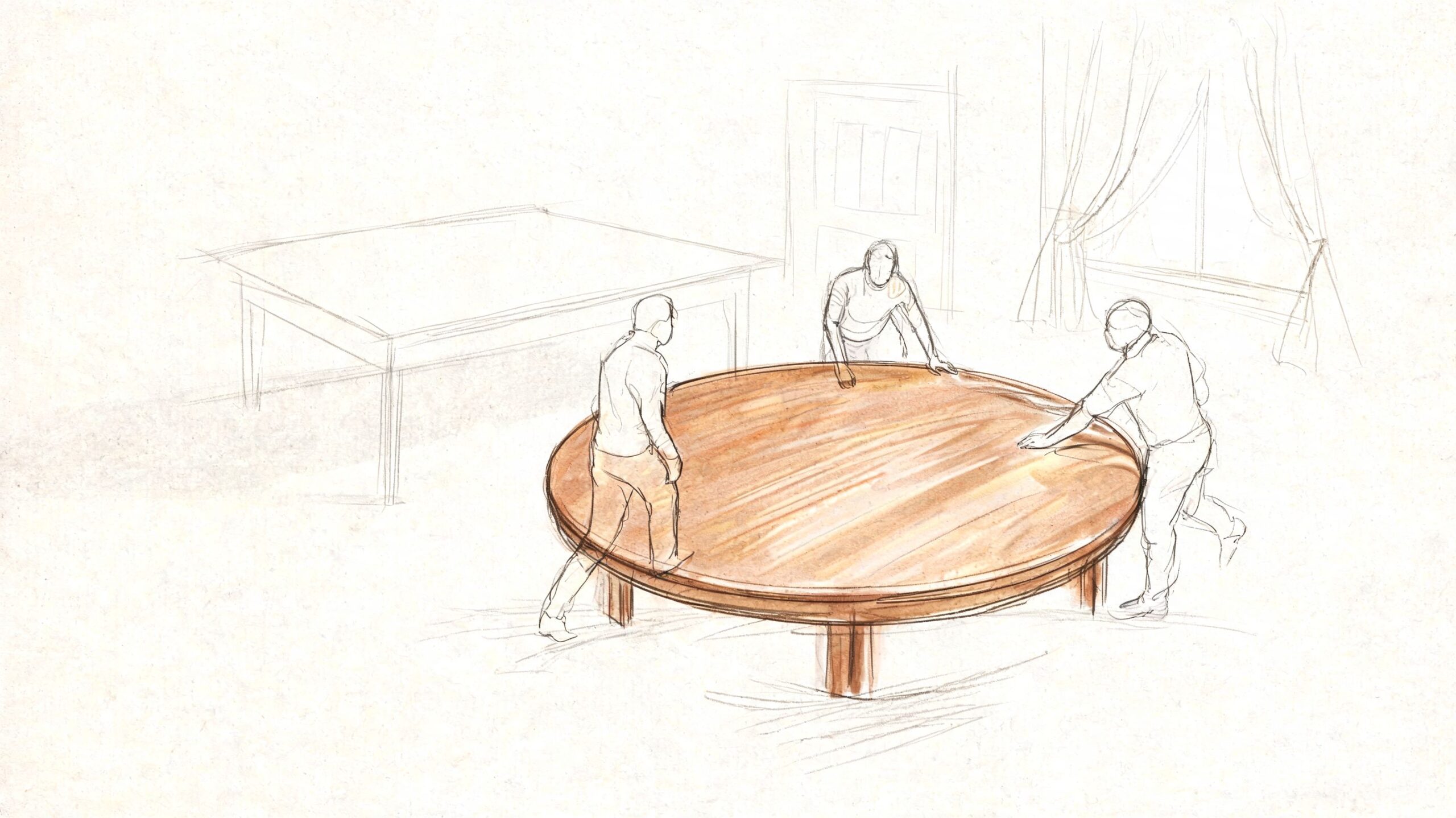 Three people working together to assemble or move a large round wooden dining room table.