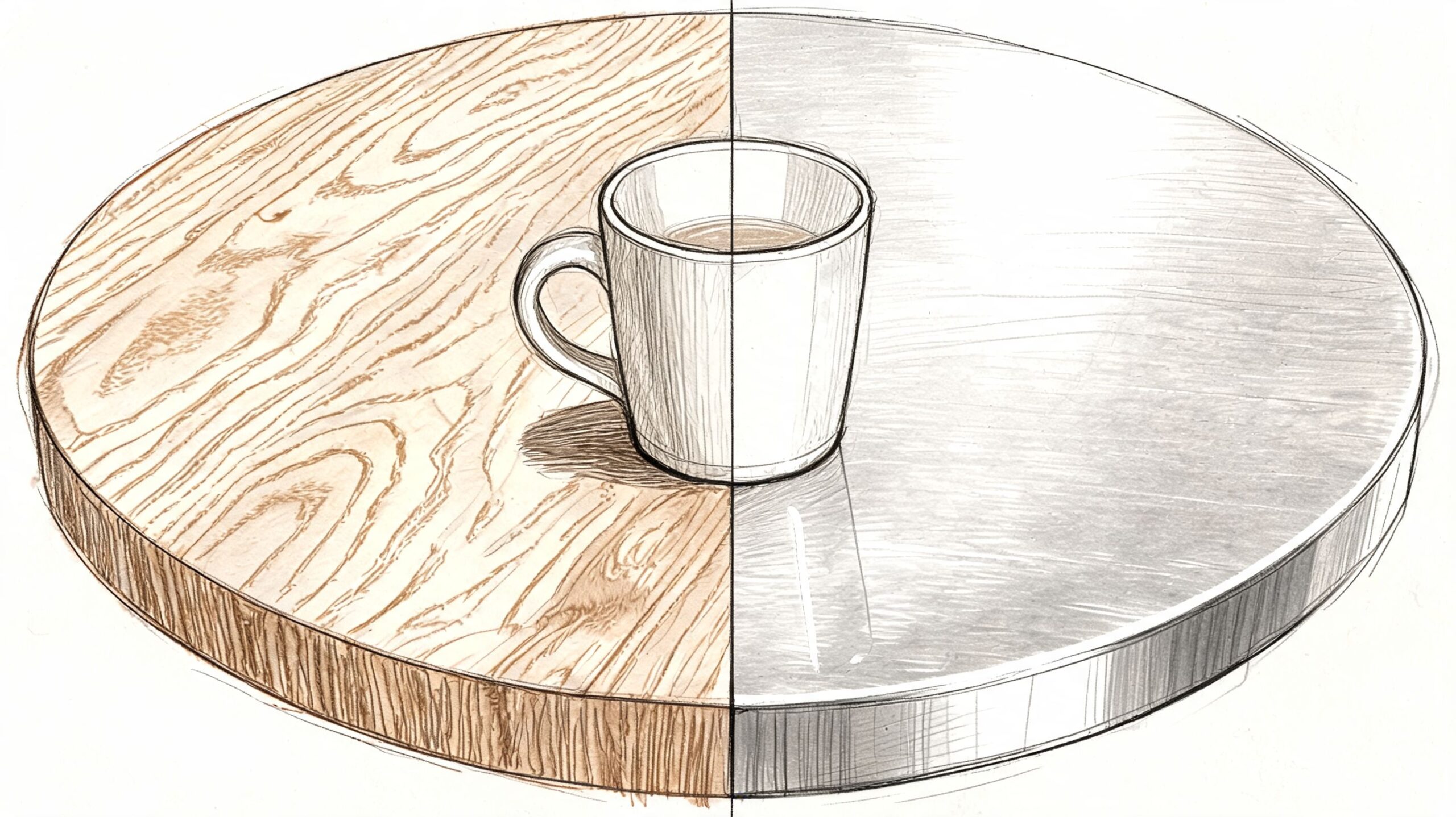 A split image showing a coffee cup on a wooden table versus a smooth metallic table surface.