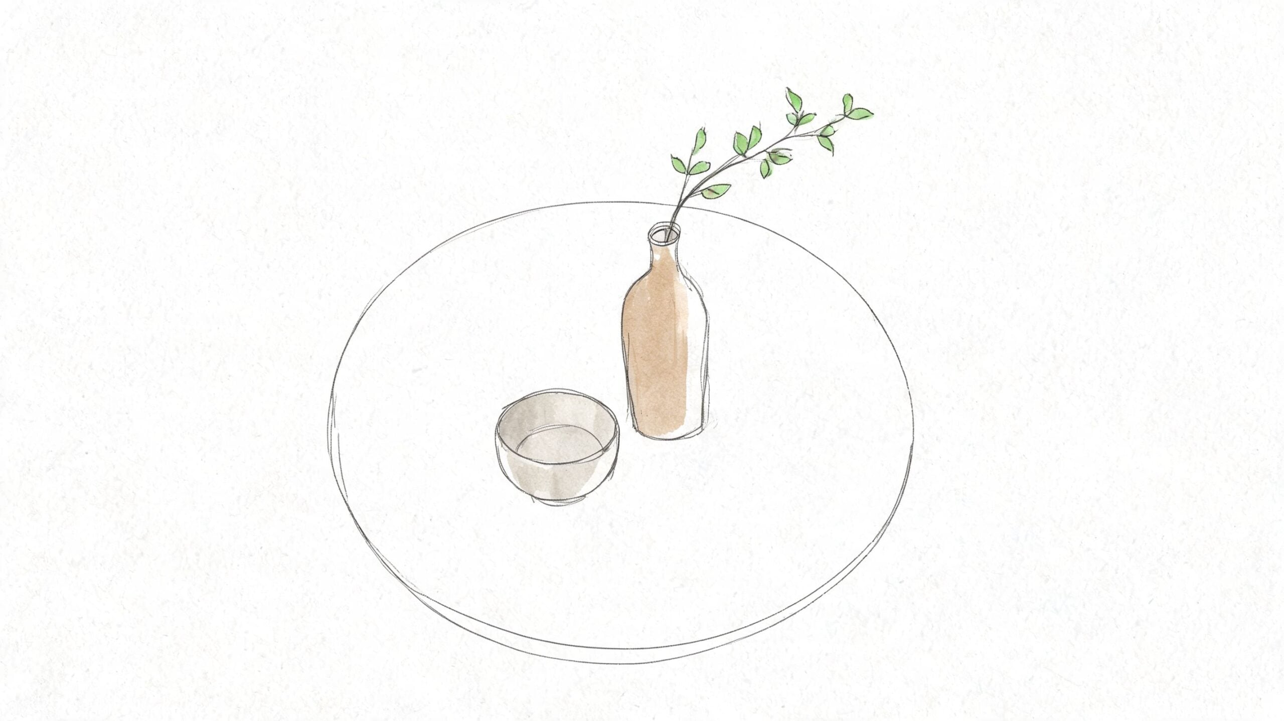 A minimalist hand-drawn illustration of a round dining table featuring a small vase with leaves and a bowl.