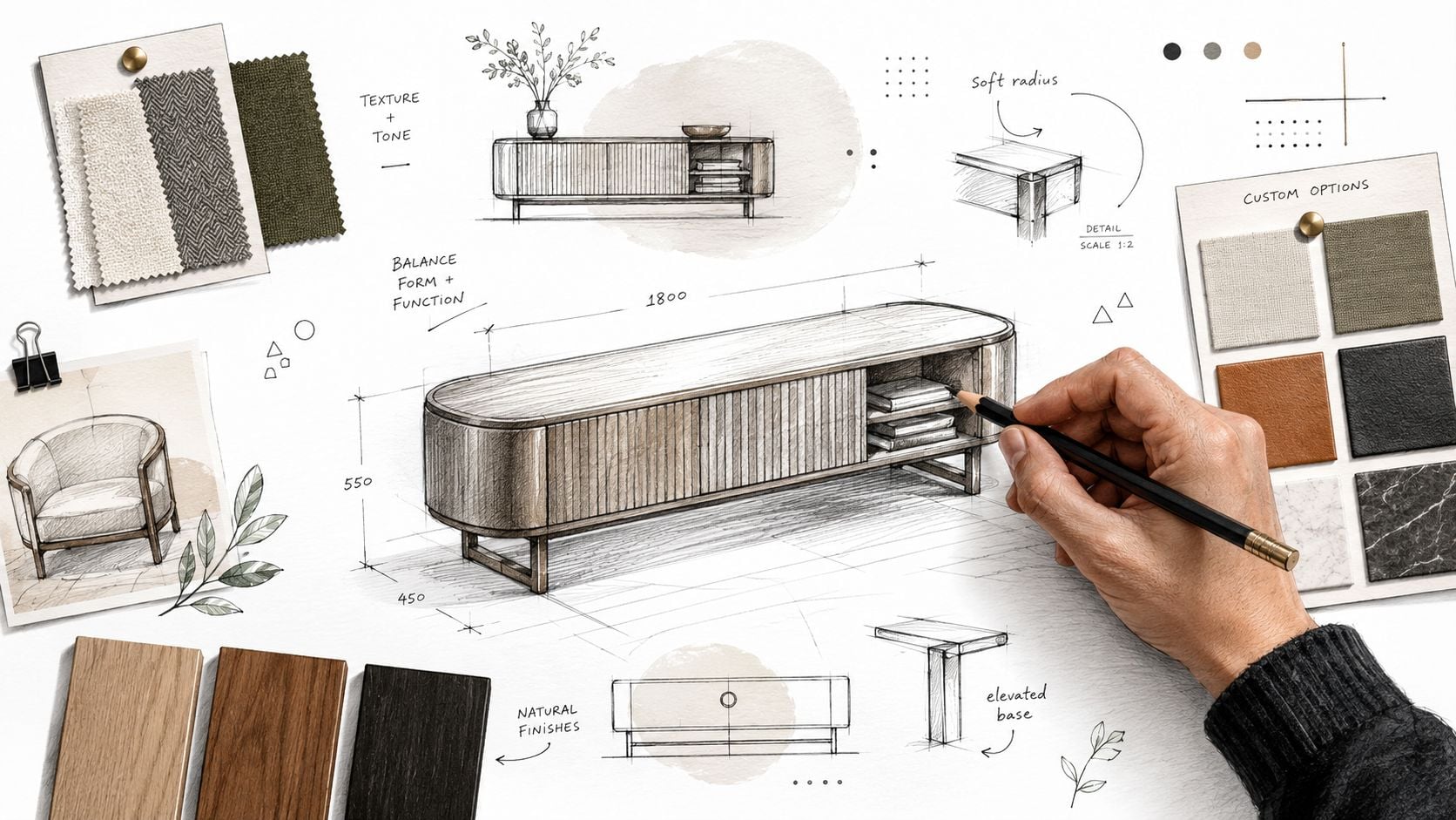 A hand drawing a technical design of a modern wooden console table with furniture material samples.