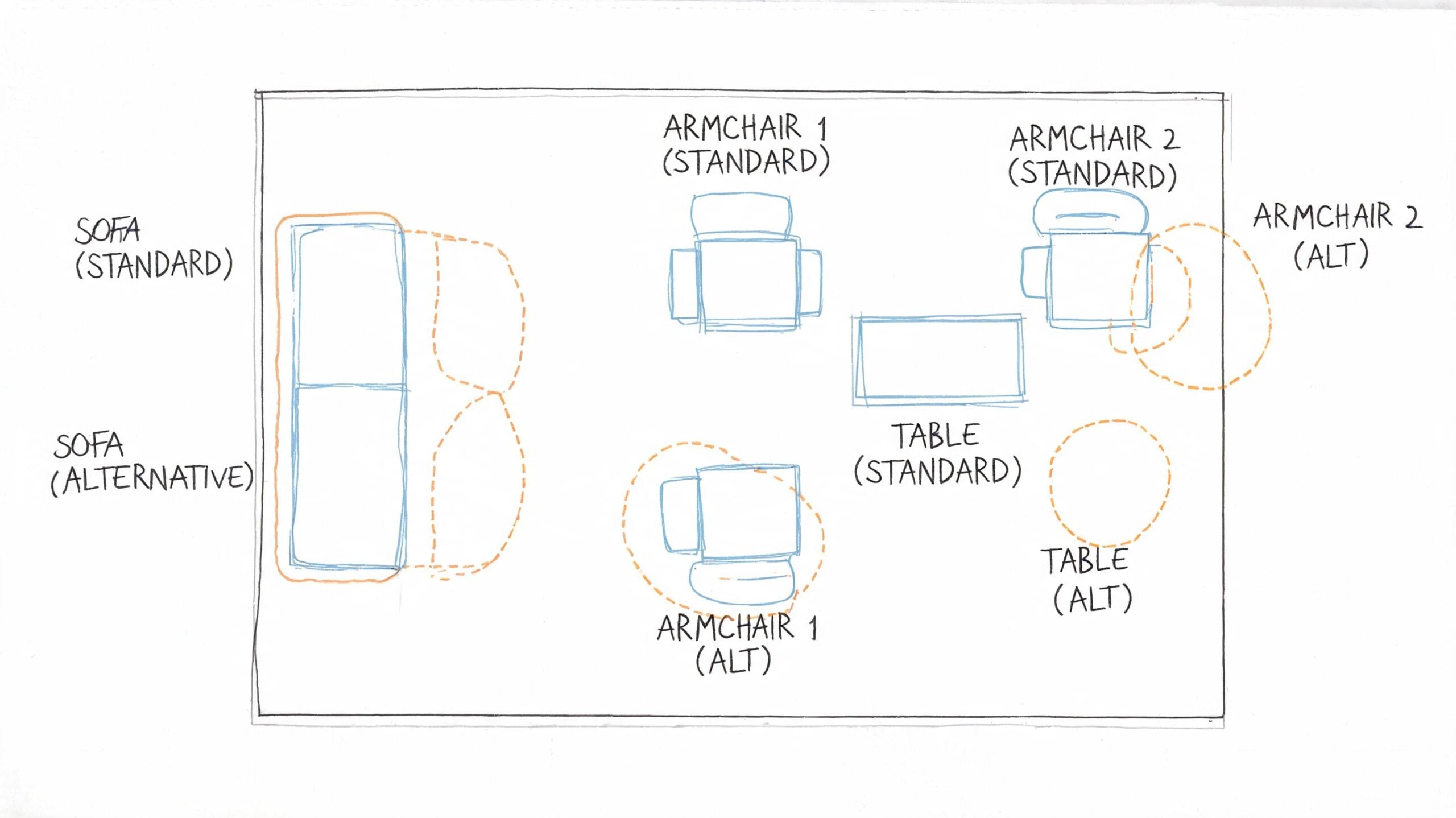 A hand-drawn top-down architectural layout of a living room featuring standard and alternative furniture placement options.