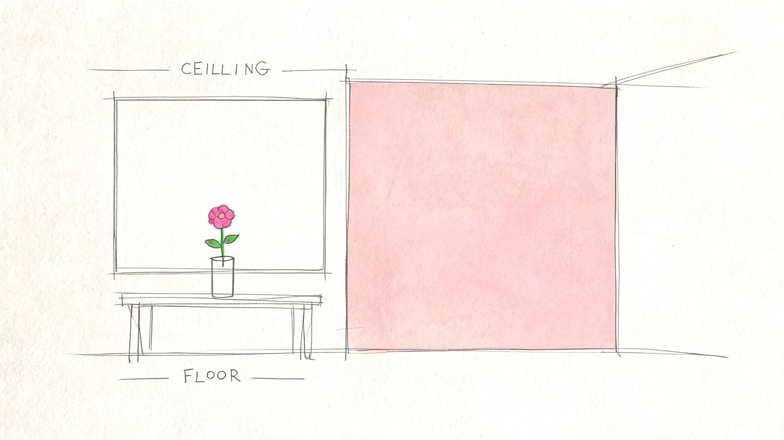 A minimalist hand-drawn illustration featuring a pink square wall, a console table, and a small potted flower.