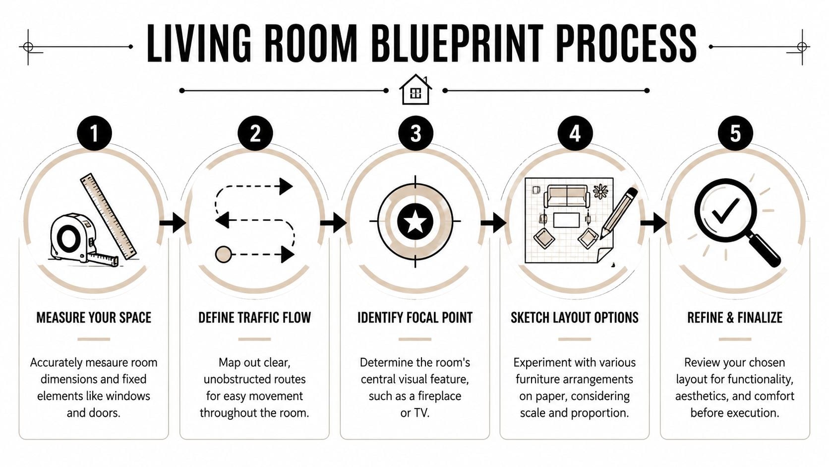 A five-step infographic showing the process for planning and designing a functional living room layout.