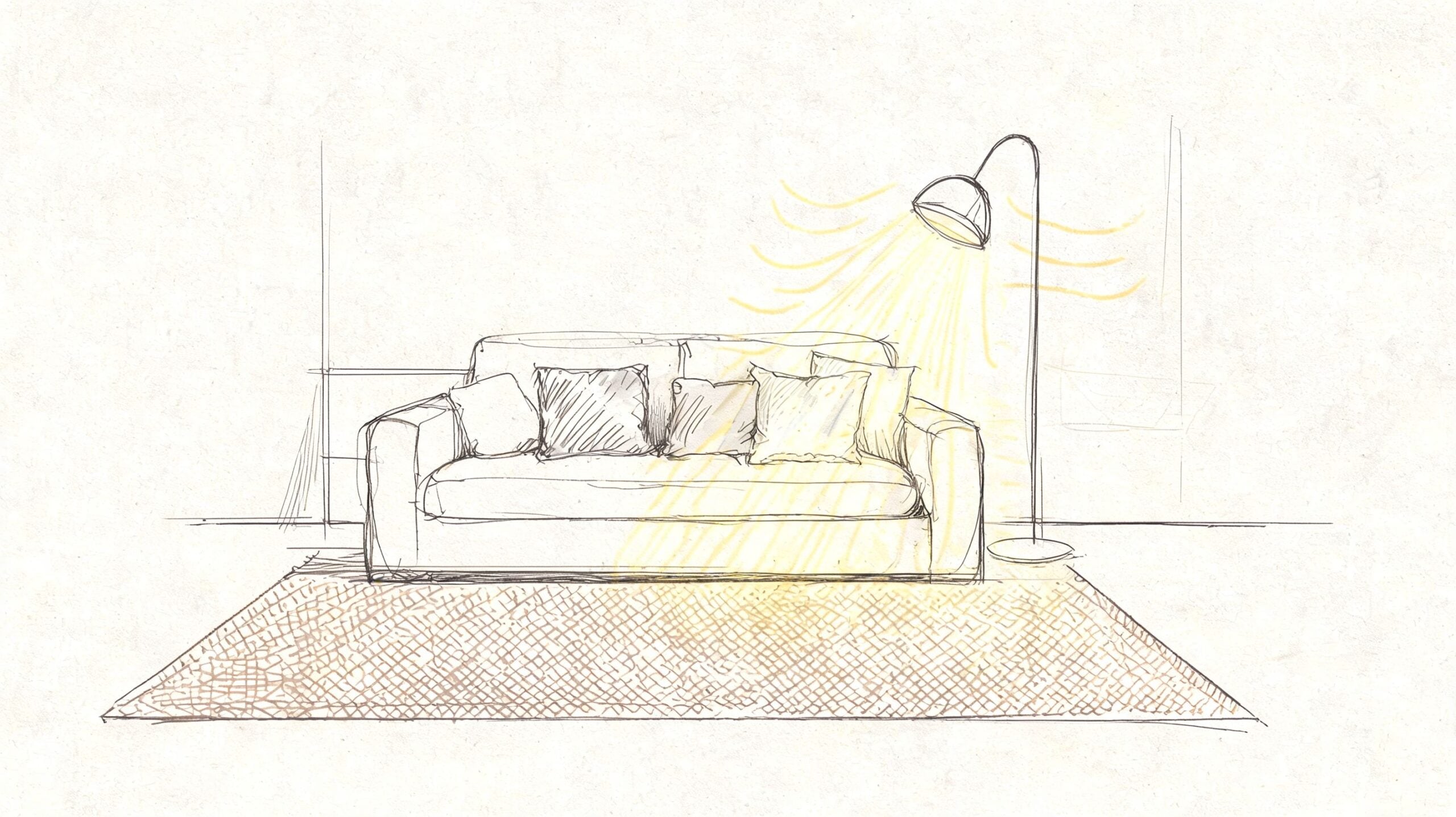 A minimalist pencil sketch of a cozy sofa with throw pillows illuminated by a nearby floor lamp.
