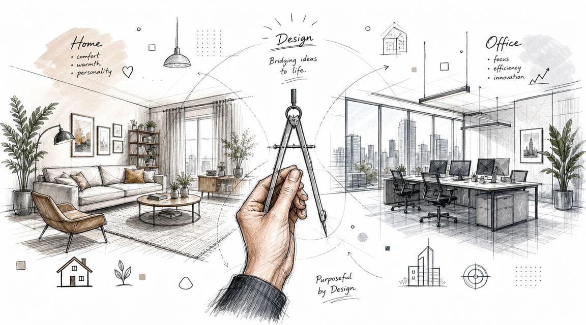 A hand holding a drafting compass bridging sketches of a cozy living room and a modern office space.